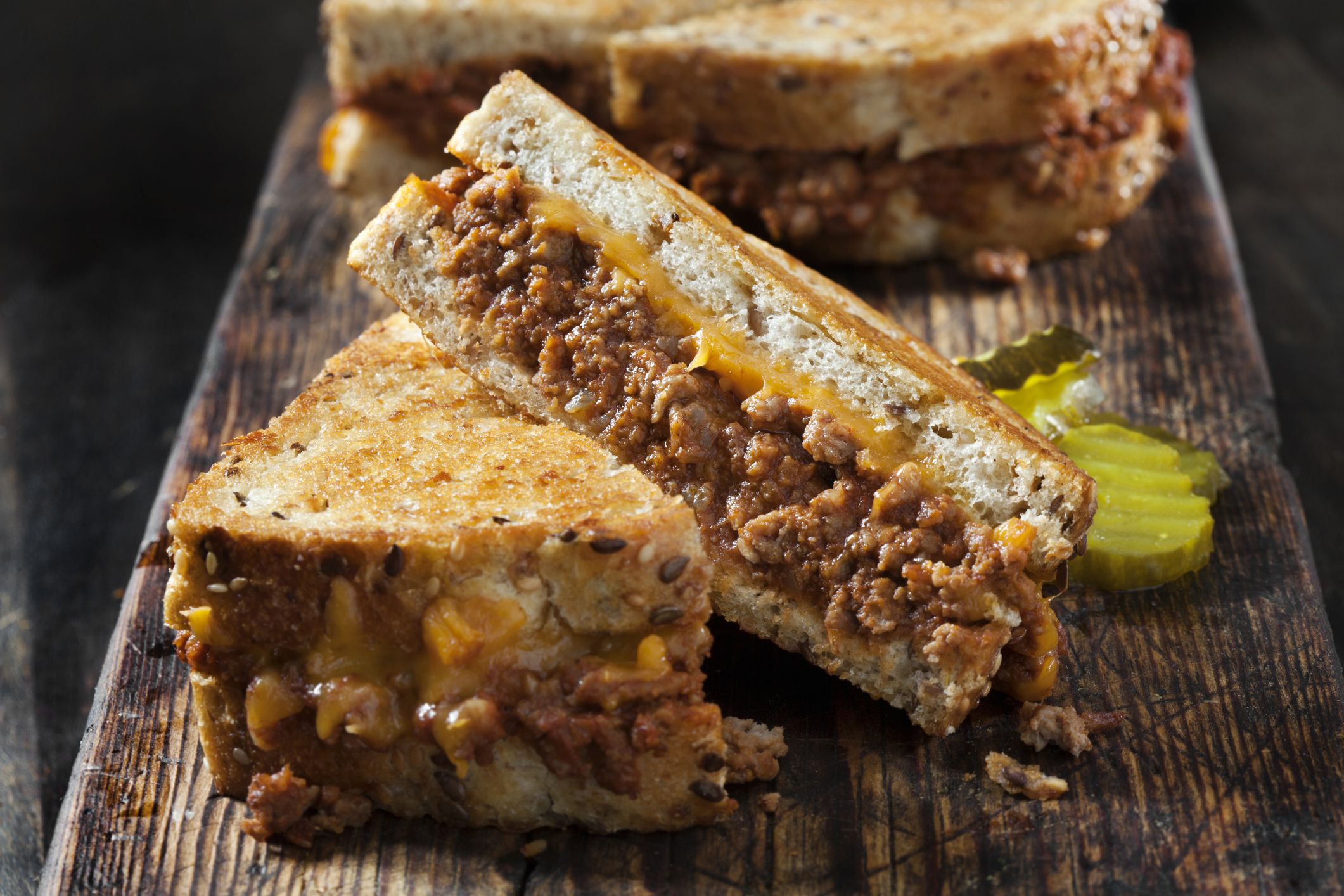 Sloppy Joe Grilled Cheese Sandwiches with Sweet Pickles