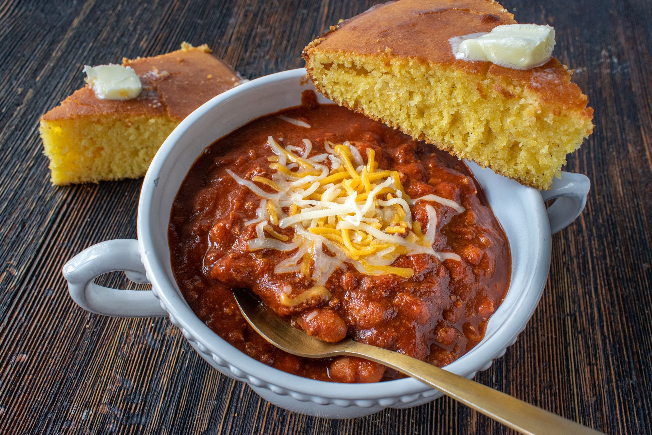 bowl of homemade chili with cornbread