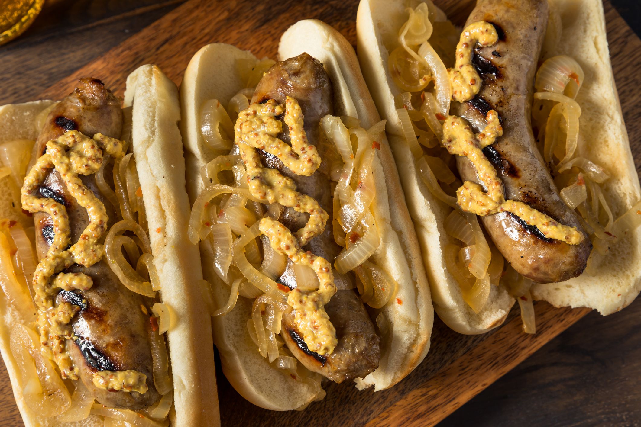 Homemade Beer Bratwursts with Onions and Mustard