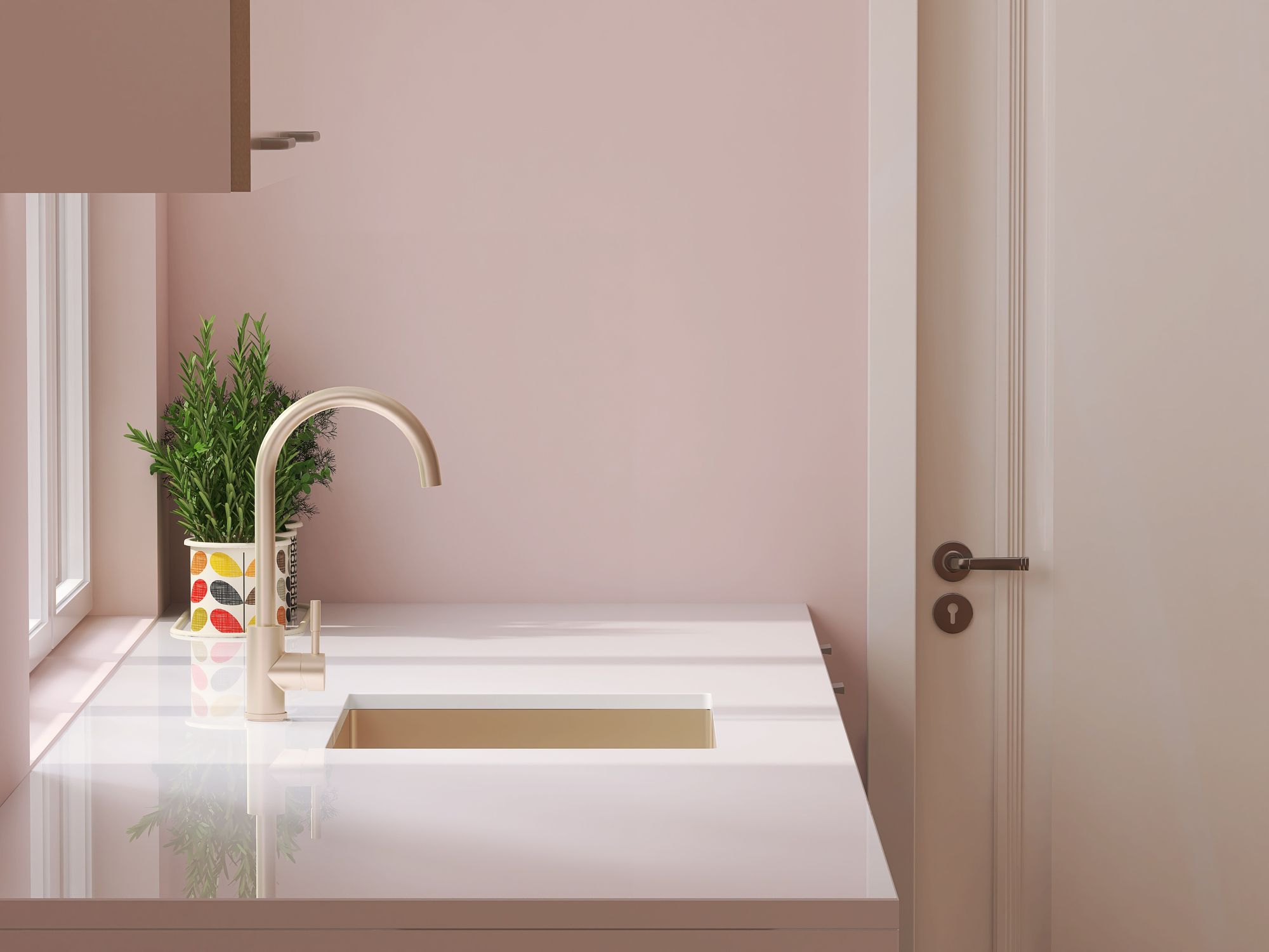 Minimal and cute pink kitchen counter with white laminated plastic top and sink with sunlight from window on wall for product display