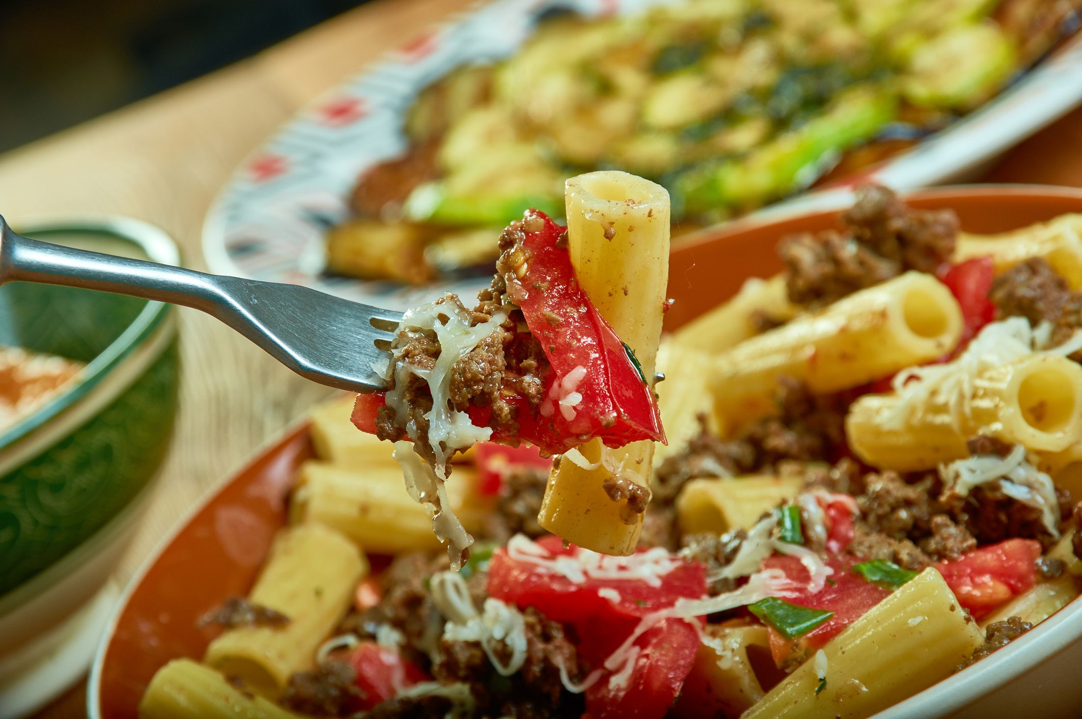 Cowboy Pasta Salad , Bacon, ground beef, cheese, and hot sauce.