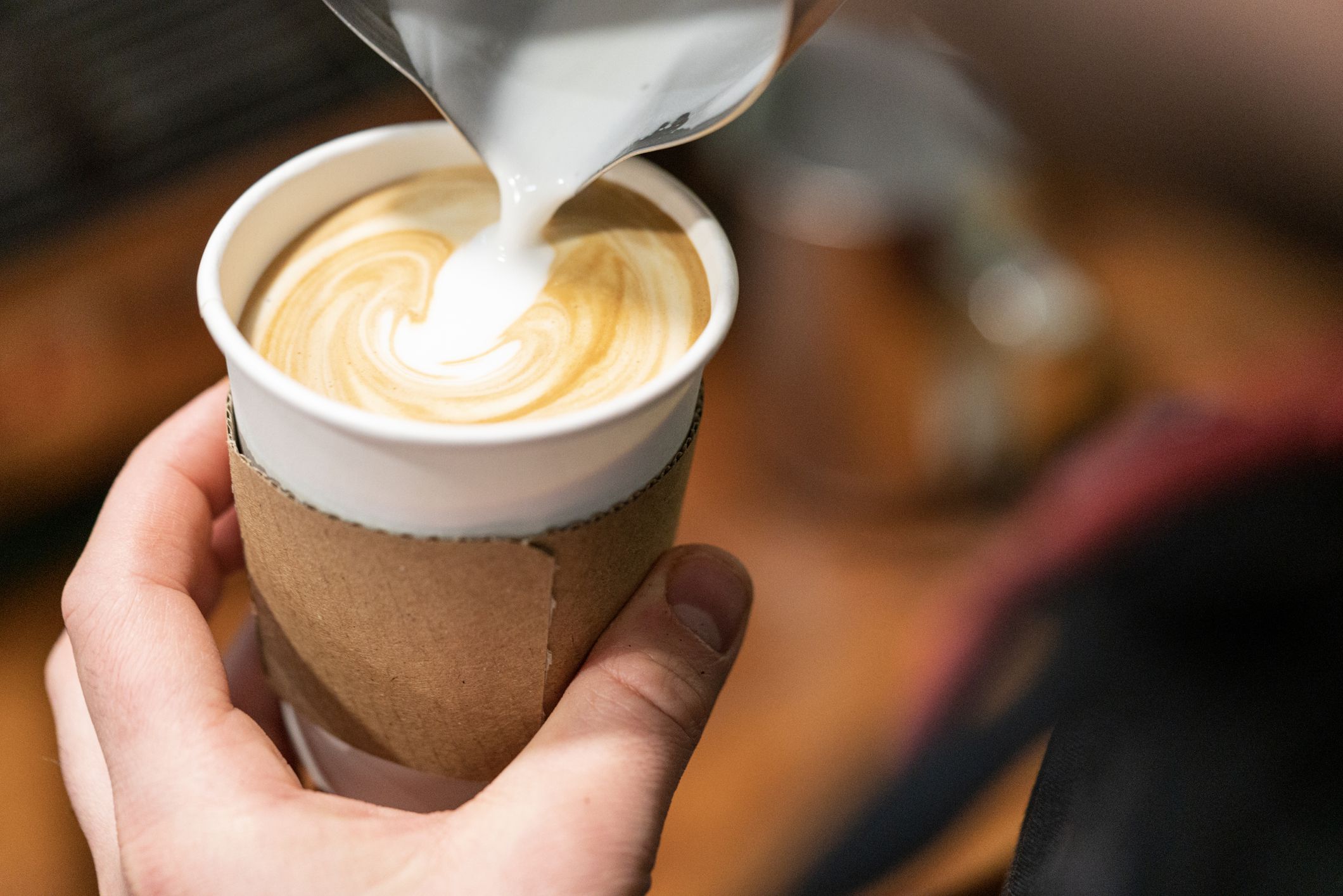 Barista make coffee cup latte art stock photo