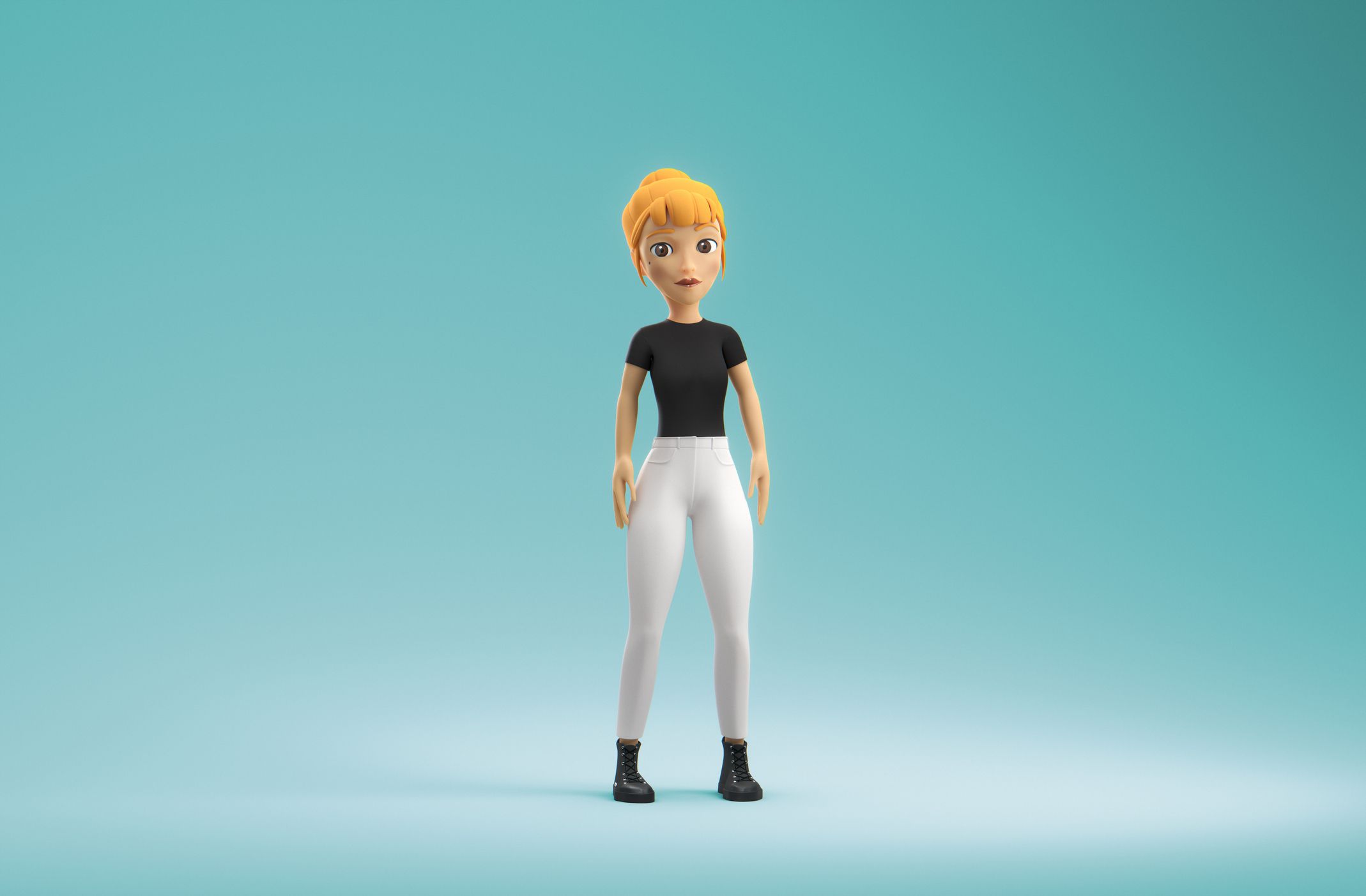 A female video game character, posing in a studio environment inside the metaverse. Part of a series of avatars created for use online in virtual reality.