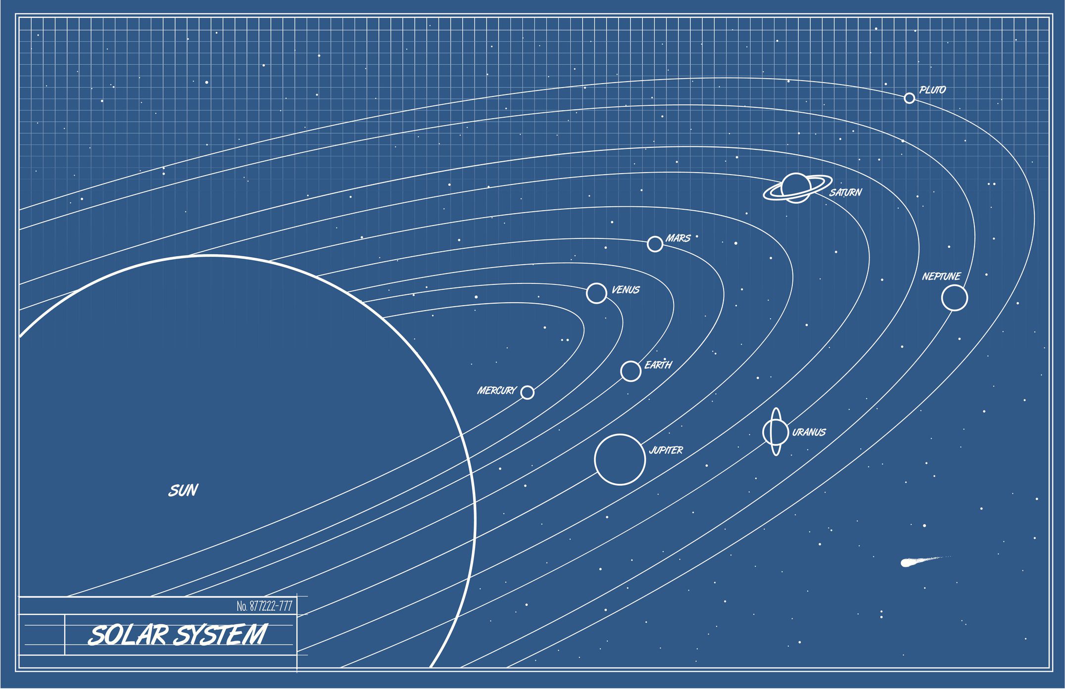 A vector illustration of the solar system in blueprint format.
