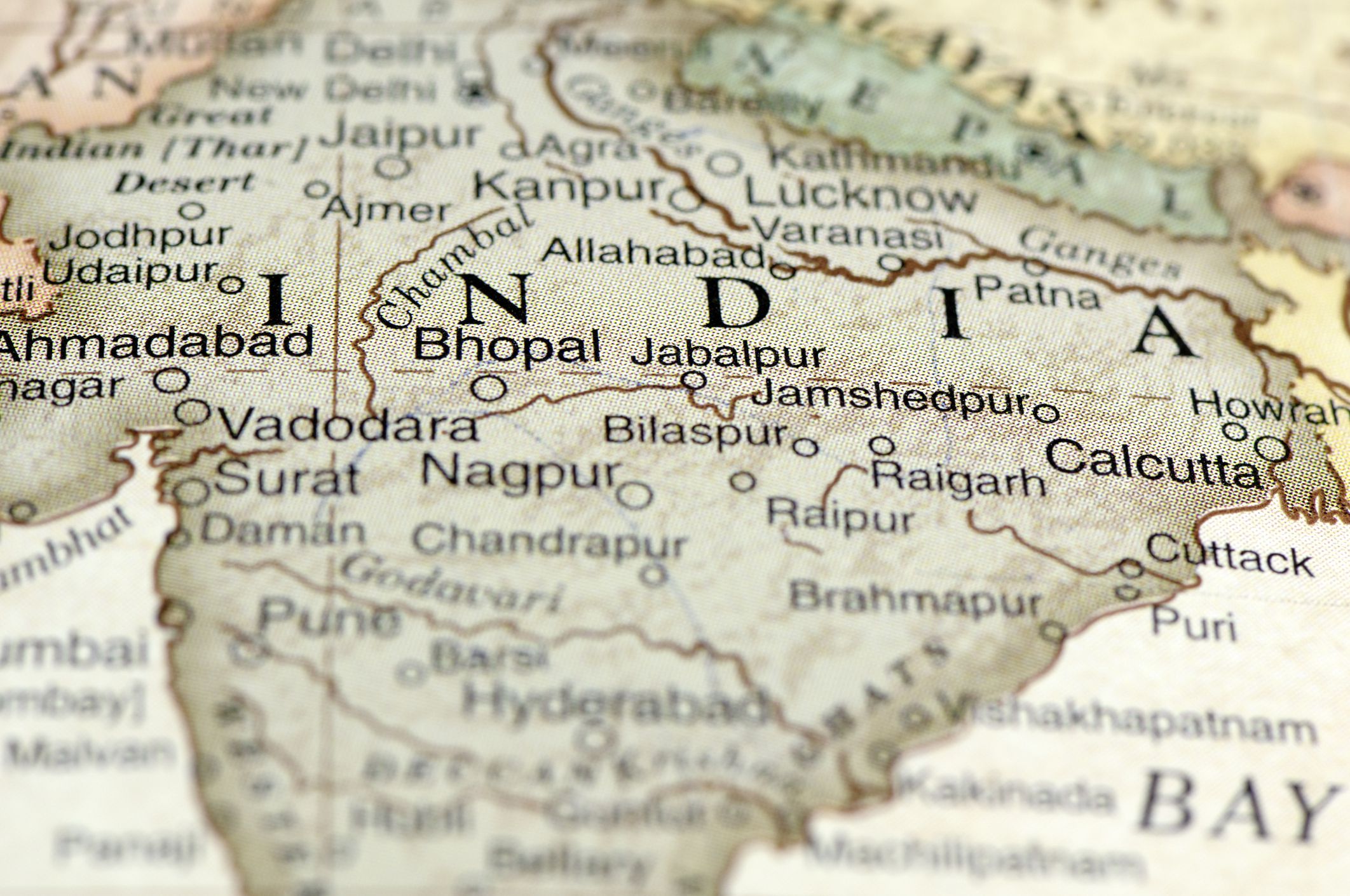 A macro photograph of India from a desktop globe. Adobe RGB color profile.