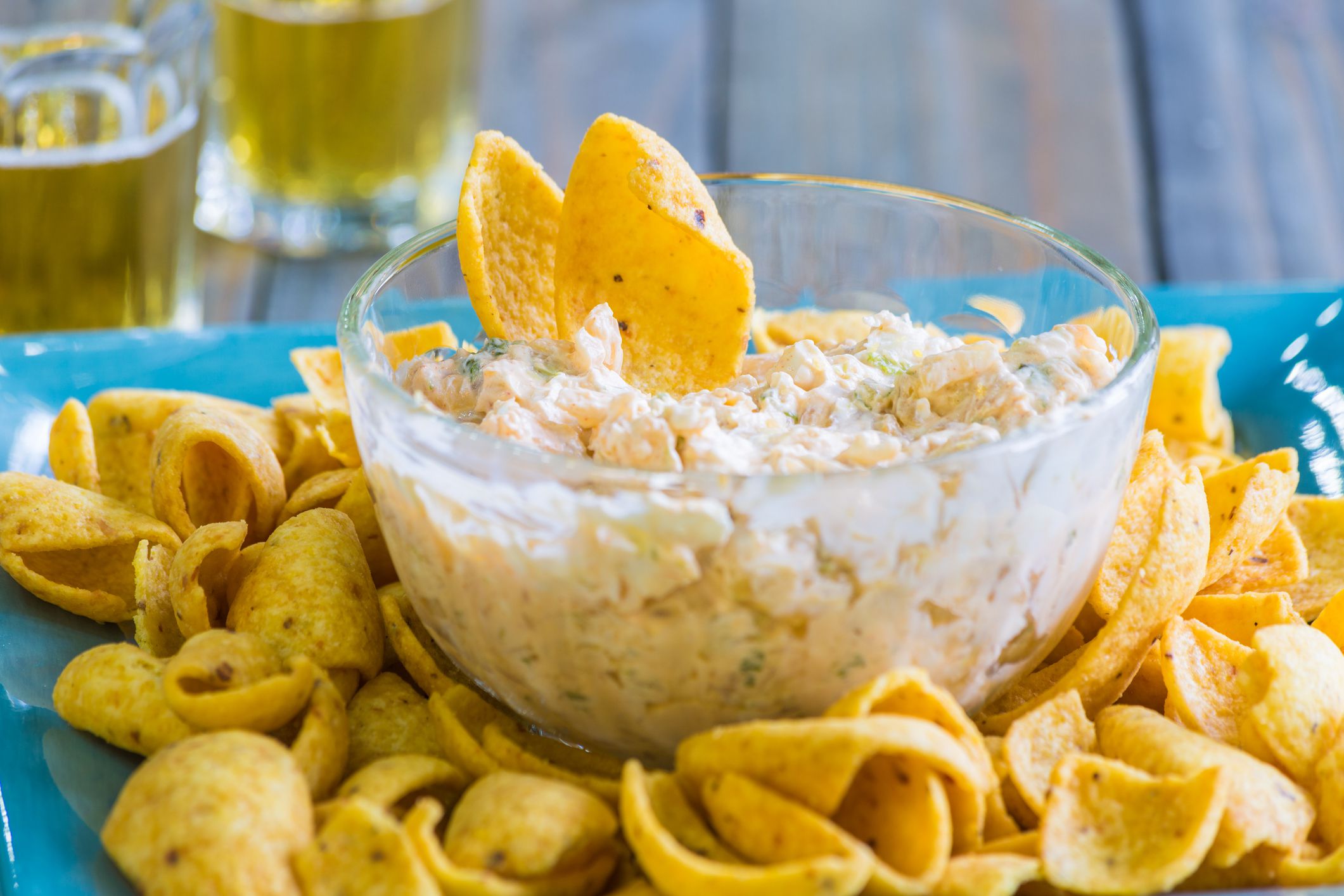 Dip of cream cheese and kim chee, served with chips