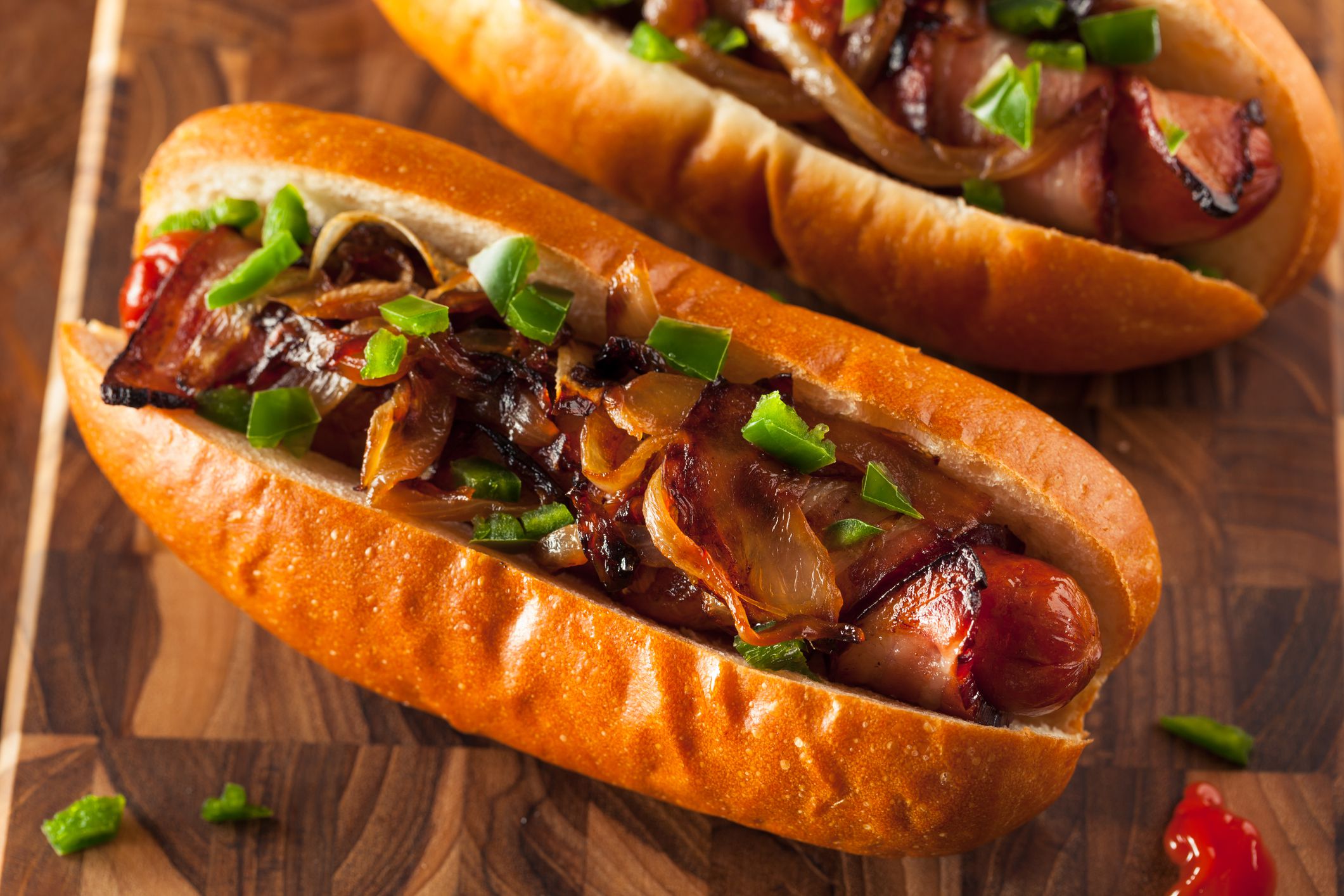 Homemade Bacon Wrapped Hot Dogs with Onions and Peppers