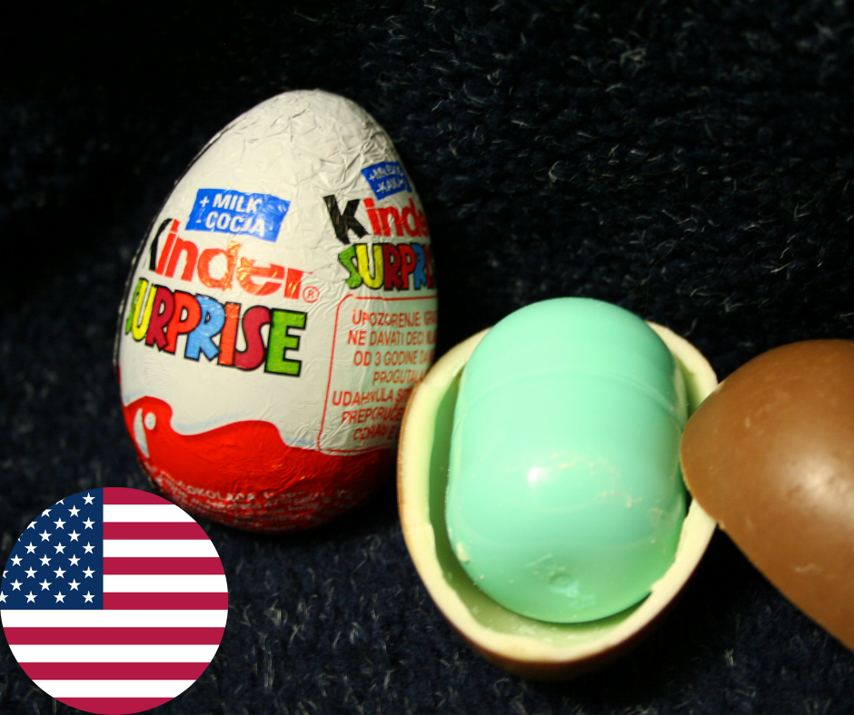 Kinder Surprise Eggs with the USA flag in the lower left corner
