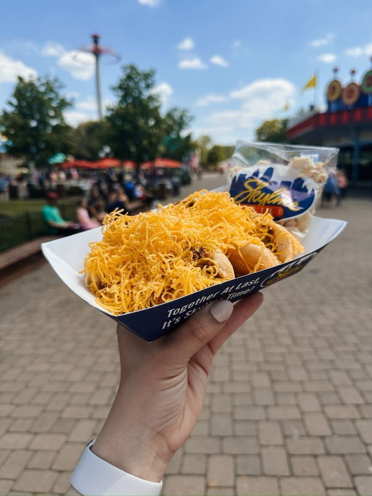 person holds up chili dogs