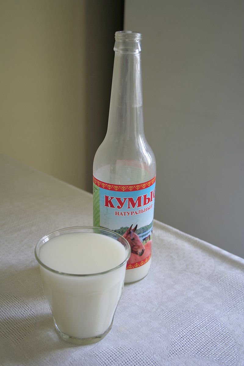 A glass of kumis from the Russian republic Mari El. This kumis is bottled and distributed to other parts of Russia, including Moscow.