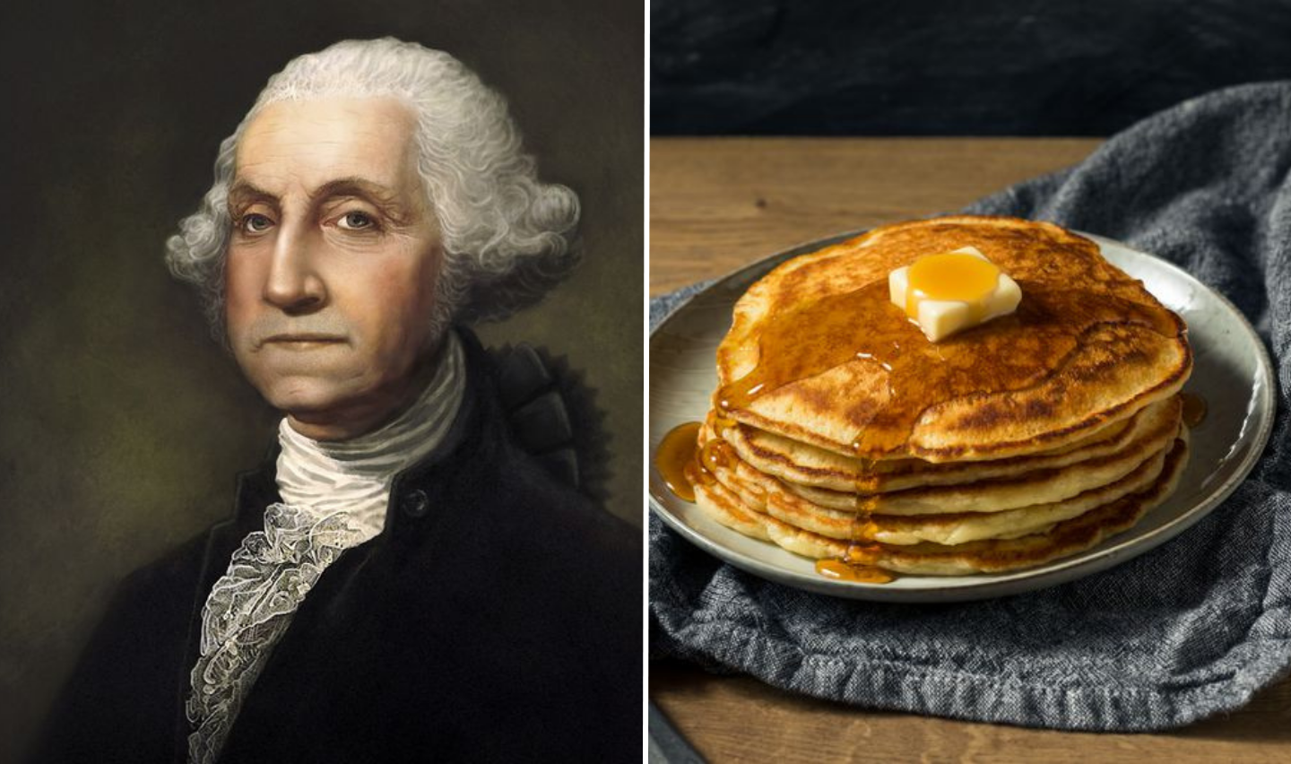 George Washington next to his favorite food, pancakes