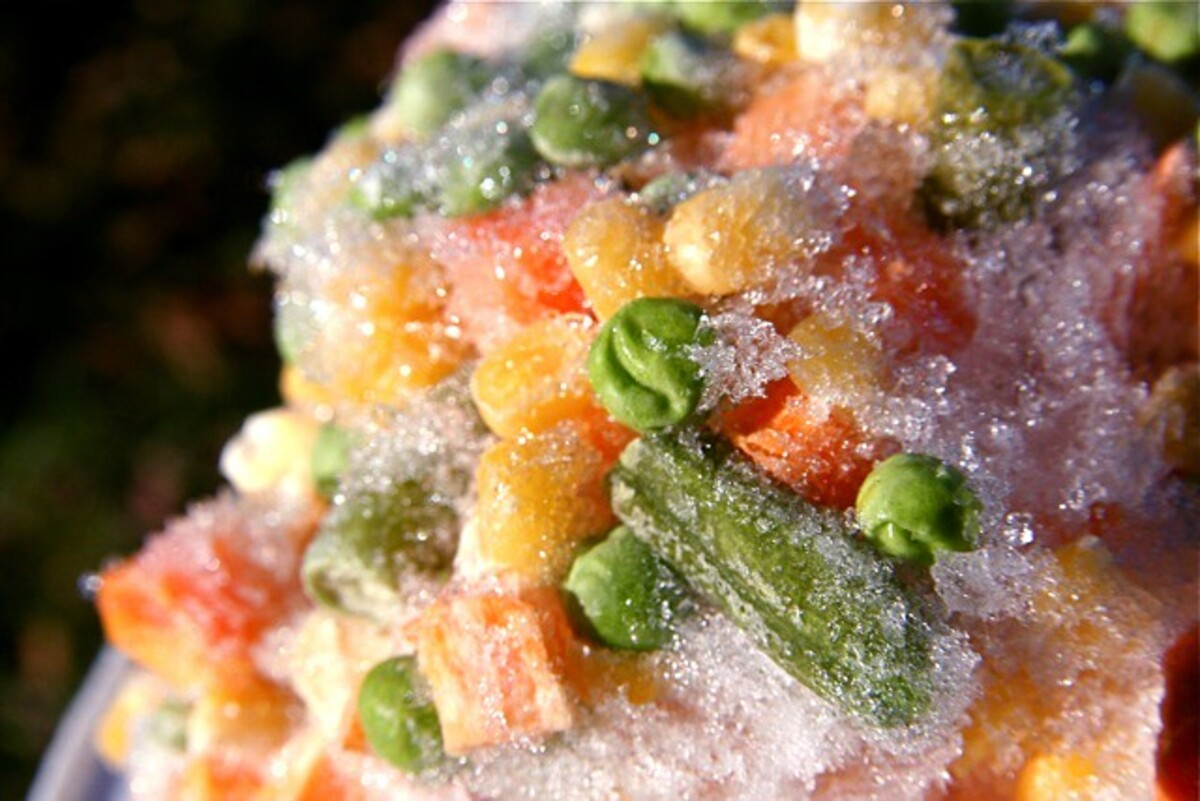 Closeup of a Block of Frozen Vegetables