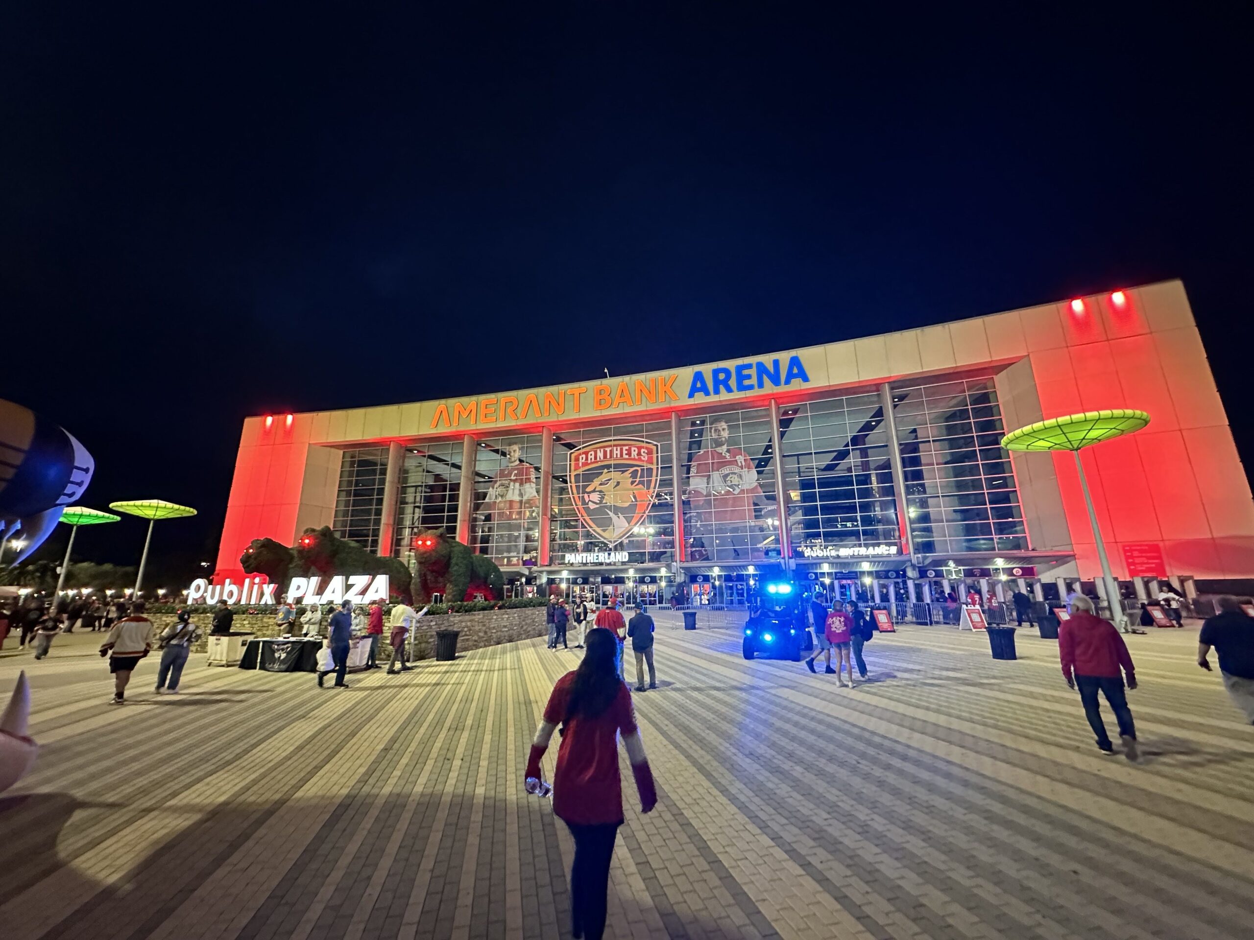 View of Amerant Bank Arena from Publix Plaza before a Florida Panthers game during the 2023-24 season.