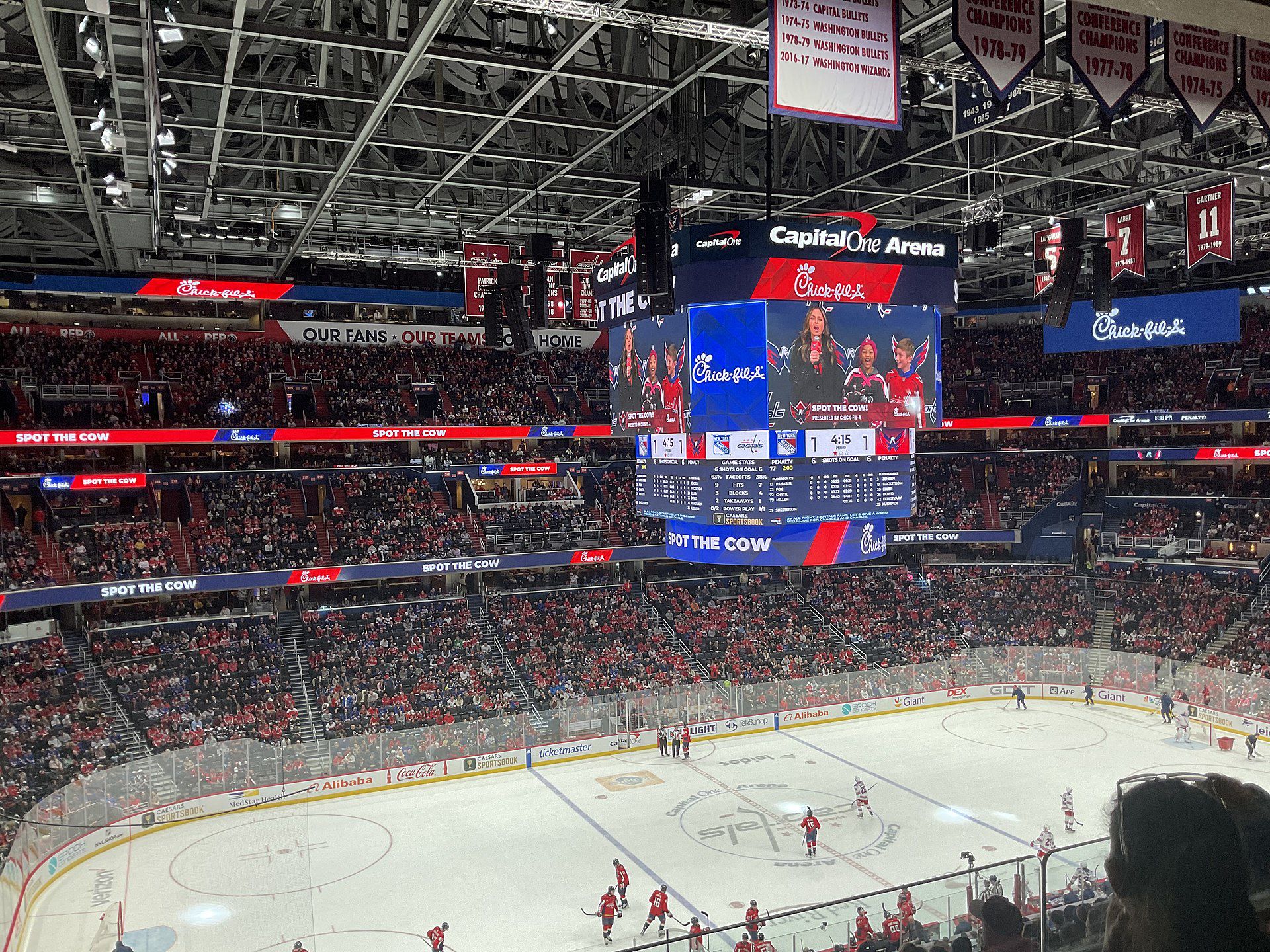 Interior during a Capitals game in February 2023. The overhead video board that was installed in 2019 as part of the largest renovation in arena history