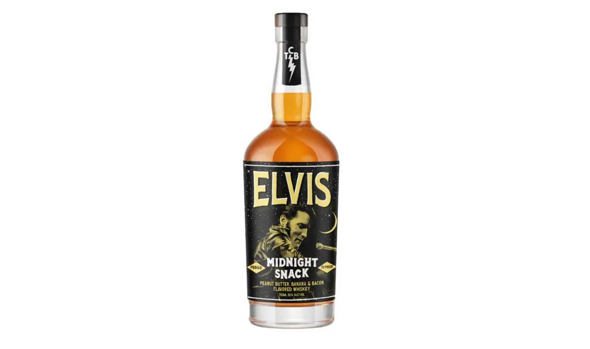 A bottle of Elvis Midnight Snack flavored whiskey, often listed among the worst whiskeys, featuring a black label with a gold image of Elvis Presley holding a microphone and the text "ELVIS MIDNIGHT SNACK" on the front.