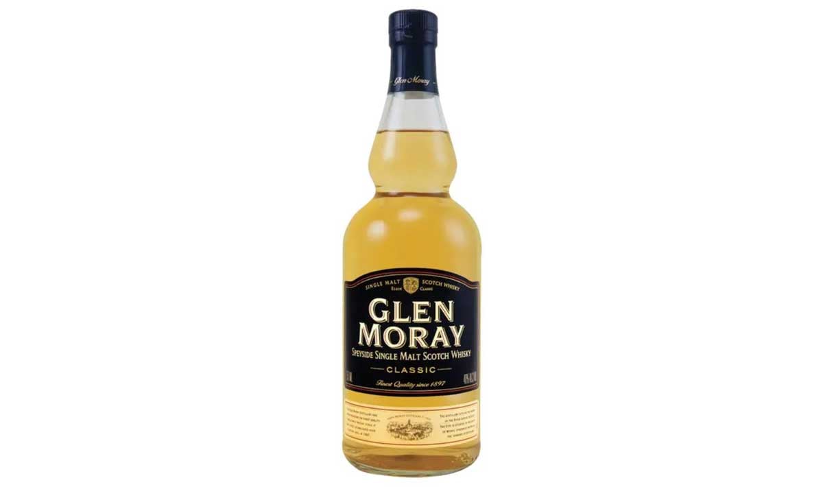 A bottle of Glen Moray Classic Single Malt Scotch Whisky with a blue label and cap, filled with light amber whisky, set against a white background—certainly not among the worst whiskeys you'll find.