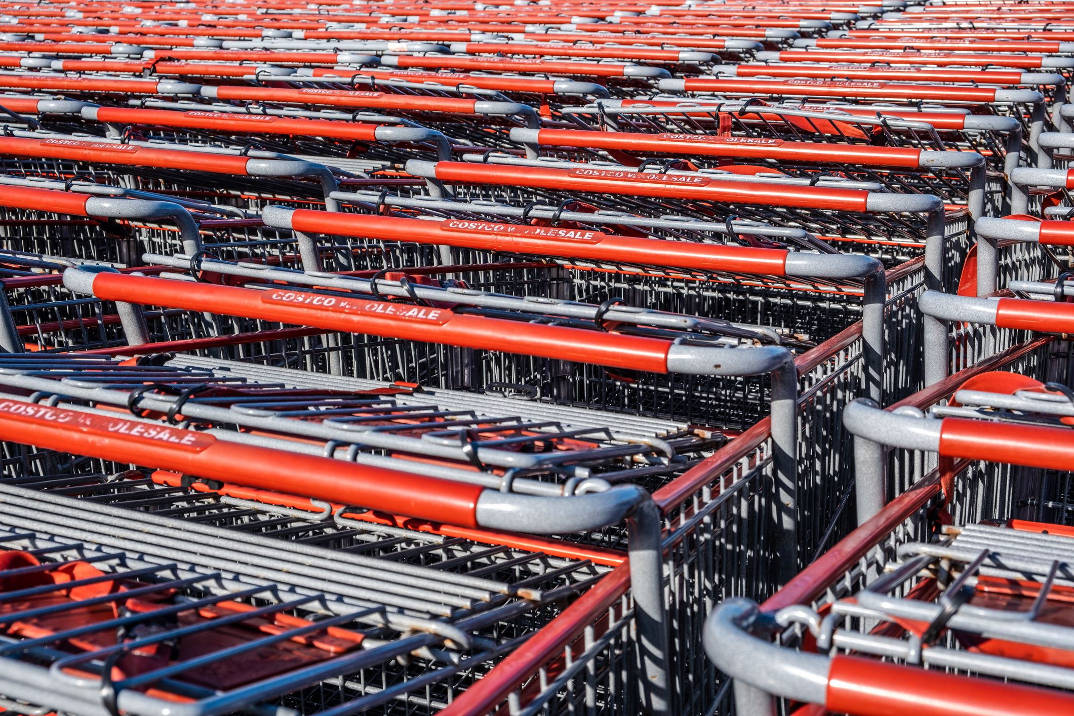 Melbourne, Australia - June 8, 2019: Endless rows of Costco shopping trolleys waiting for the customers