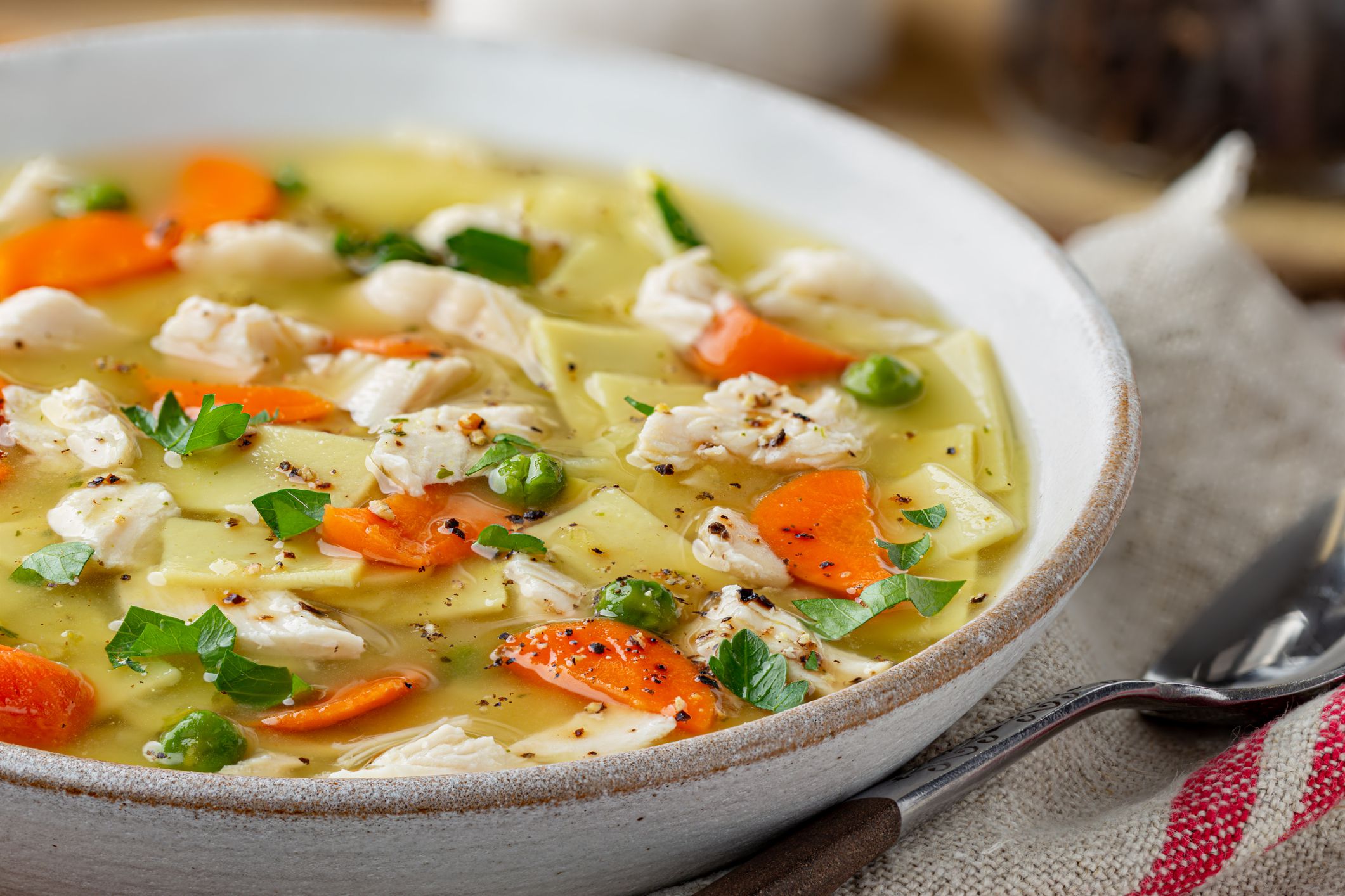 Closeup of a bowl of chicken noodle and vegetable soup