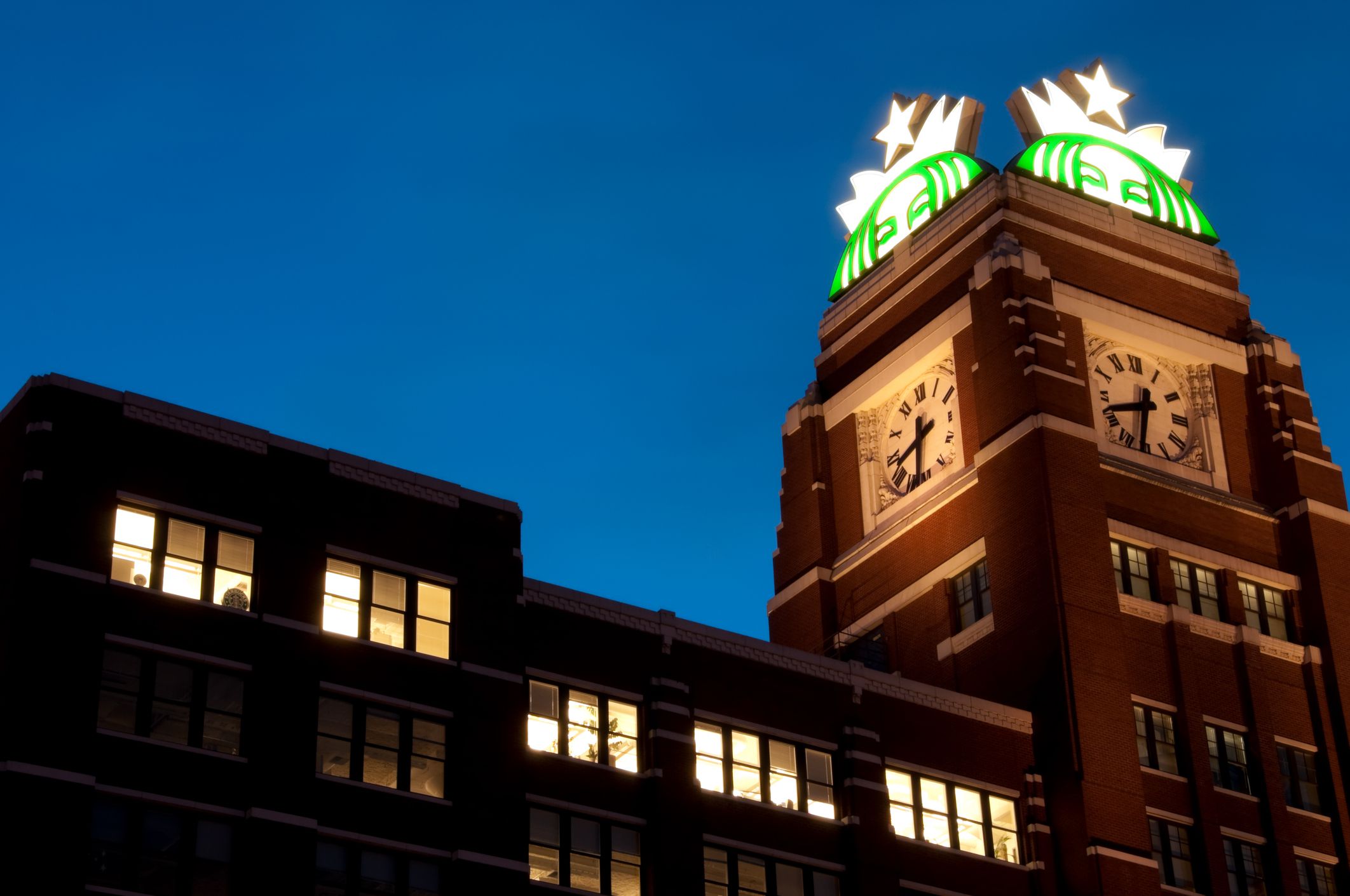 Seattle, USA - April 18, 2012: Starbucks Headquarters on 2401 Utah Avenue South at twilight, just outside downtown Seattle in the Sodo district.