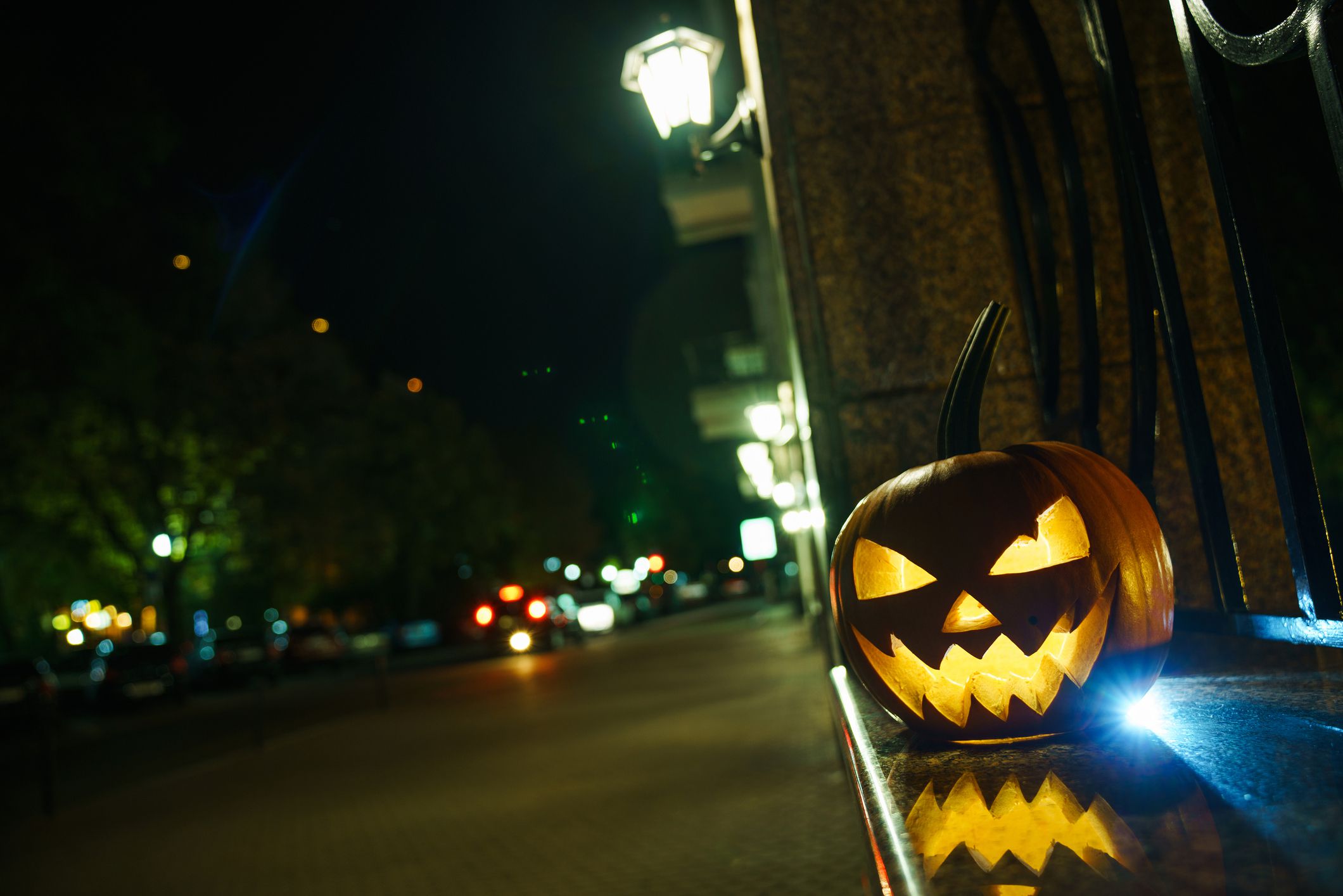 lantern pumpkin Jack-o-lantern halloween decoration on the streets.