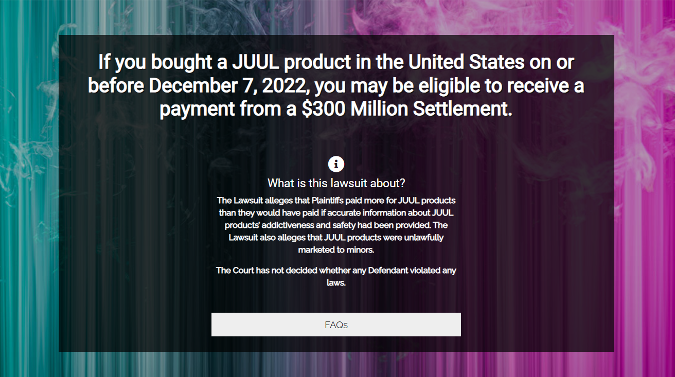 Juul class action lawsuit website screenshot