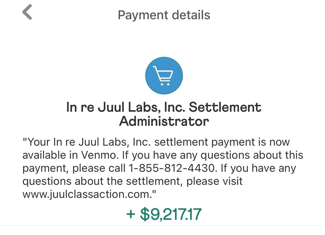 Juul class action lawsuit payment paypal screenshot