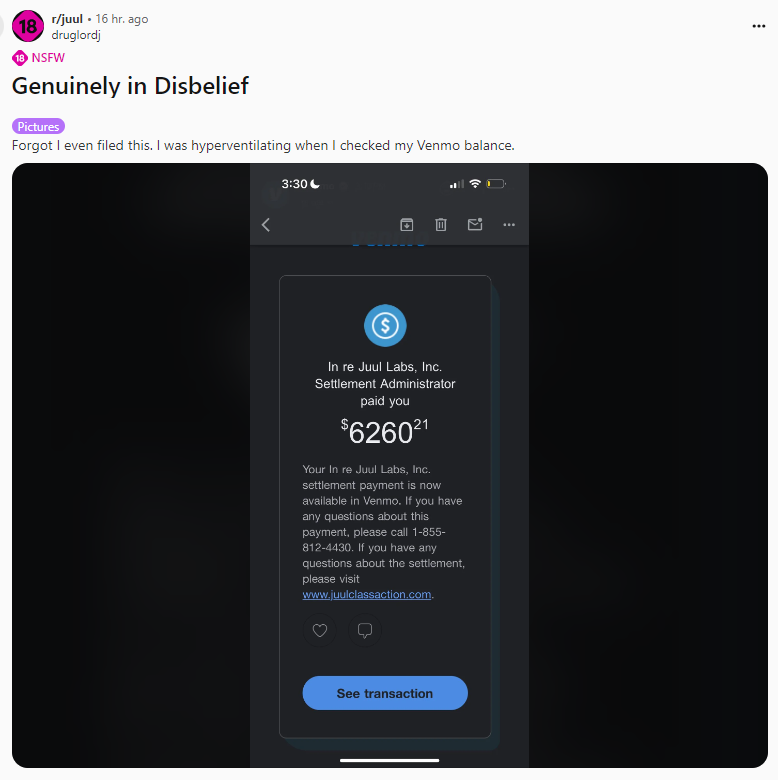 Juul class action lawsuit reddit screenshot