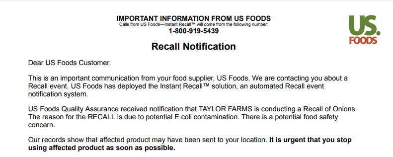 US Foods Onion recall notification mcdonalds quarter pounder