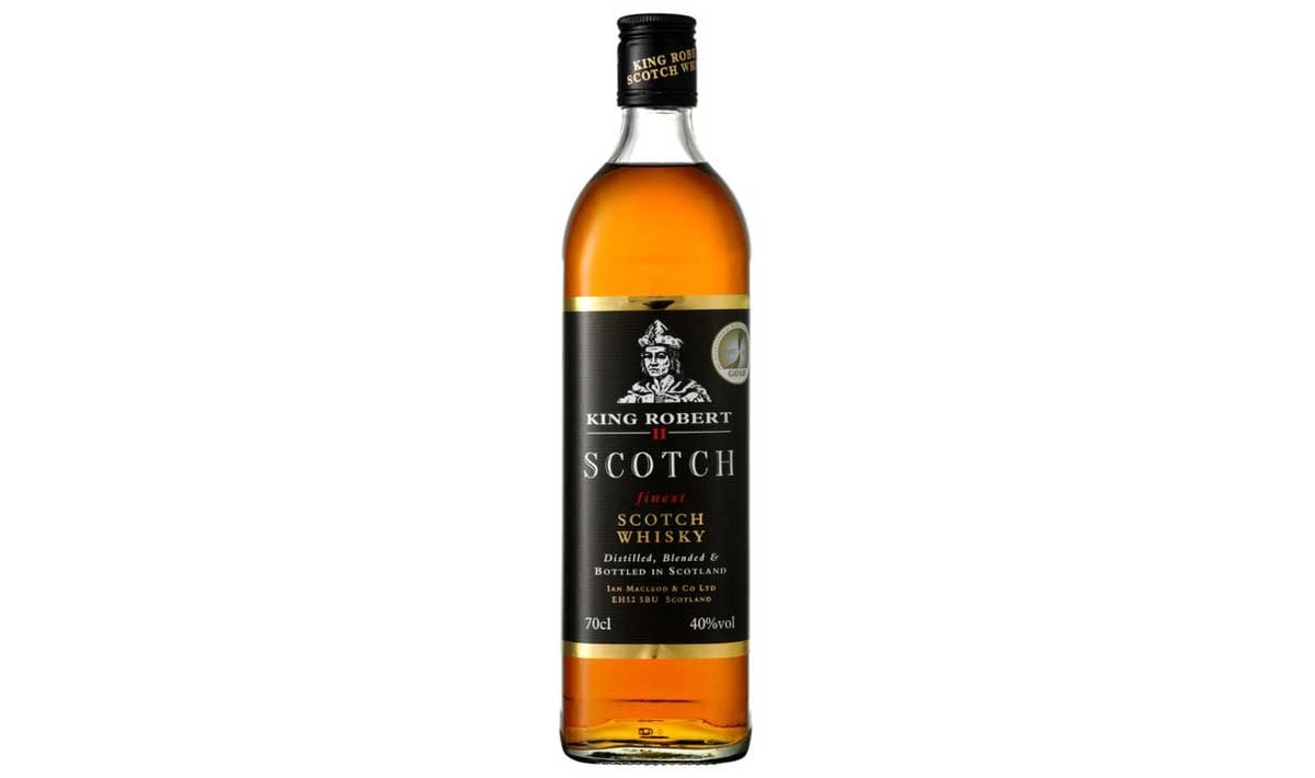 A bottle of King Robert II Scotch whisky with a black and gold label, featuring an illustration of a king and text indicating it is blended and bottled in Scotland—often mentioned among the worst whiskeys by critics.