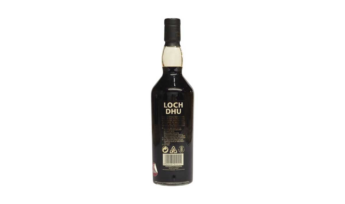 A dark glass bottle of Loch Dhu whisky, often listed among the worst whiskeys, shown from the back with a black cap and a gold-lettered label against a plain white background.