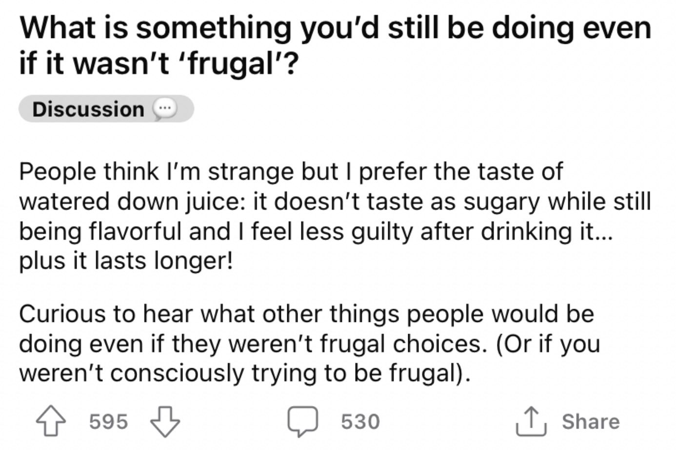 Reddit screenshot about preferring watered down juice.