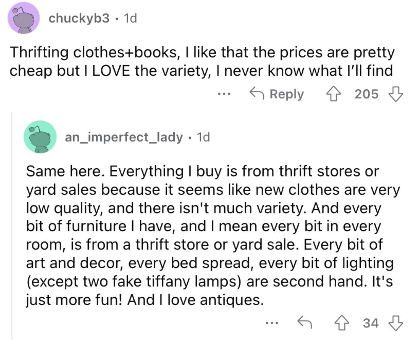 Reddit screenshot about the value of thrifting.