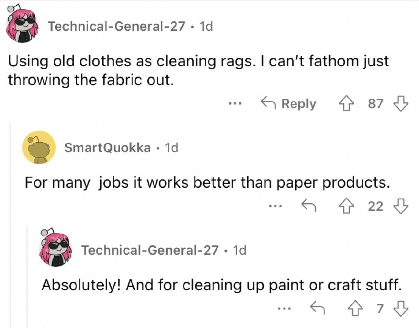 Reddit screenshot on using old clothes as cleaning rags.