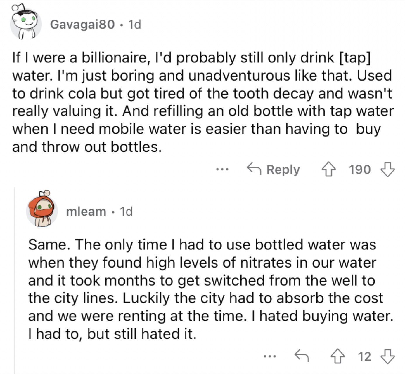 Reddit screenshot on continuing to only drink tap water.