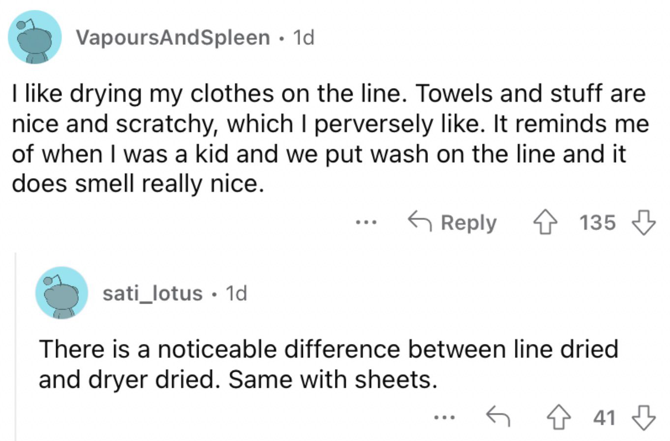 reddit screenshot on drying clothes on a line.