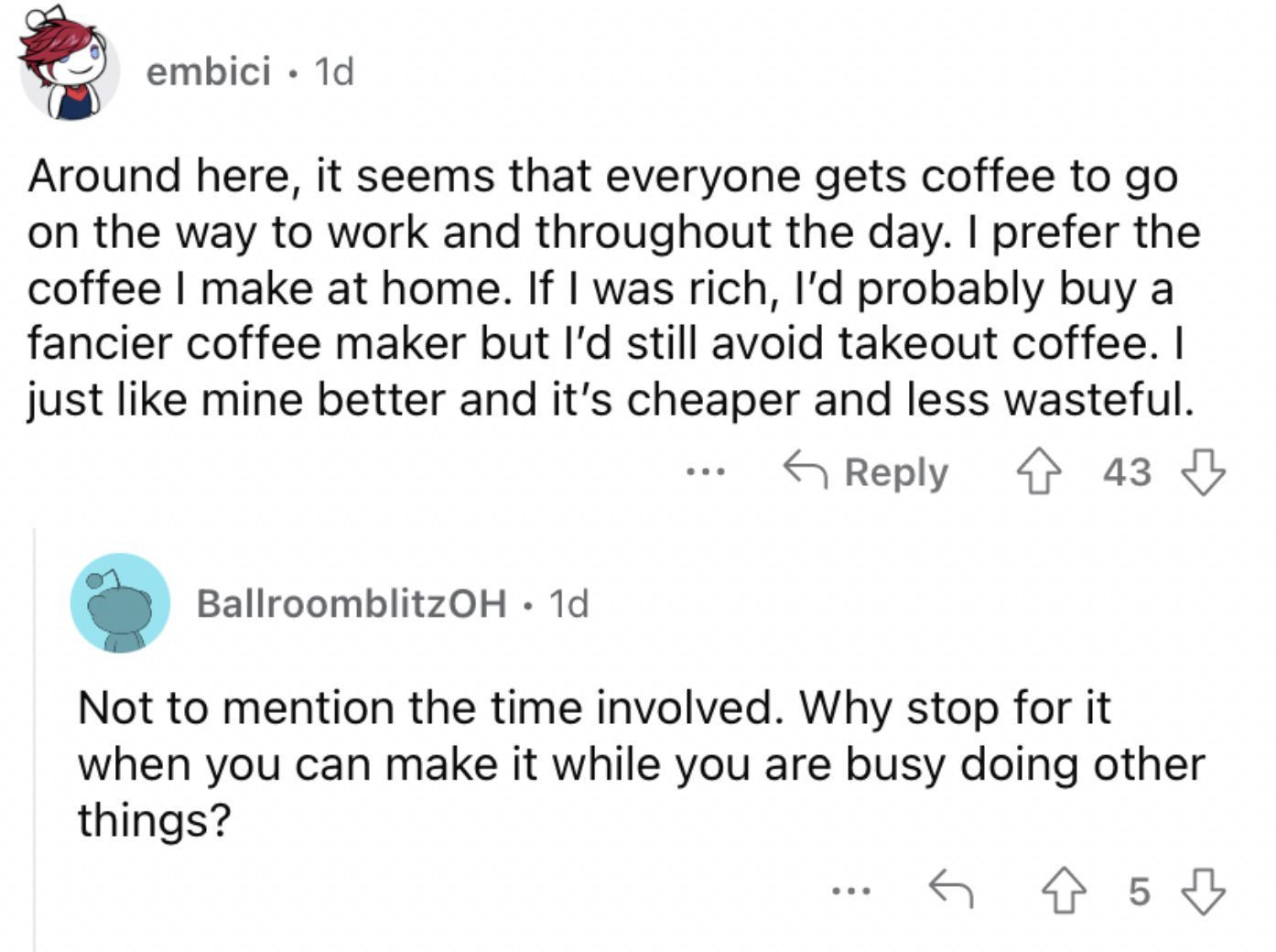 Reddit screenshot on brewing coffee at home instead of buying it at the store.