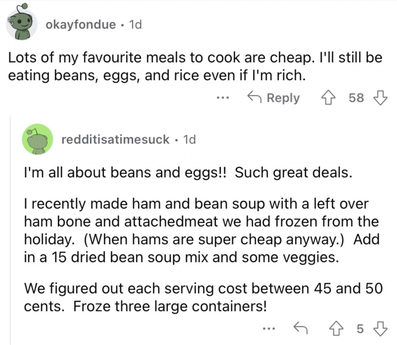 Reddit screenshot about beans, eggs, and rice being a great cheap meal to eat.