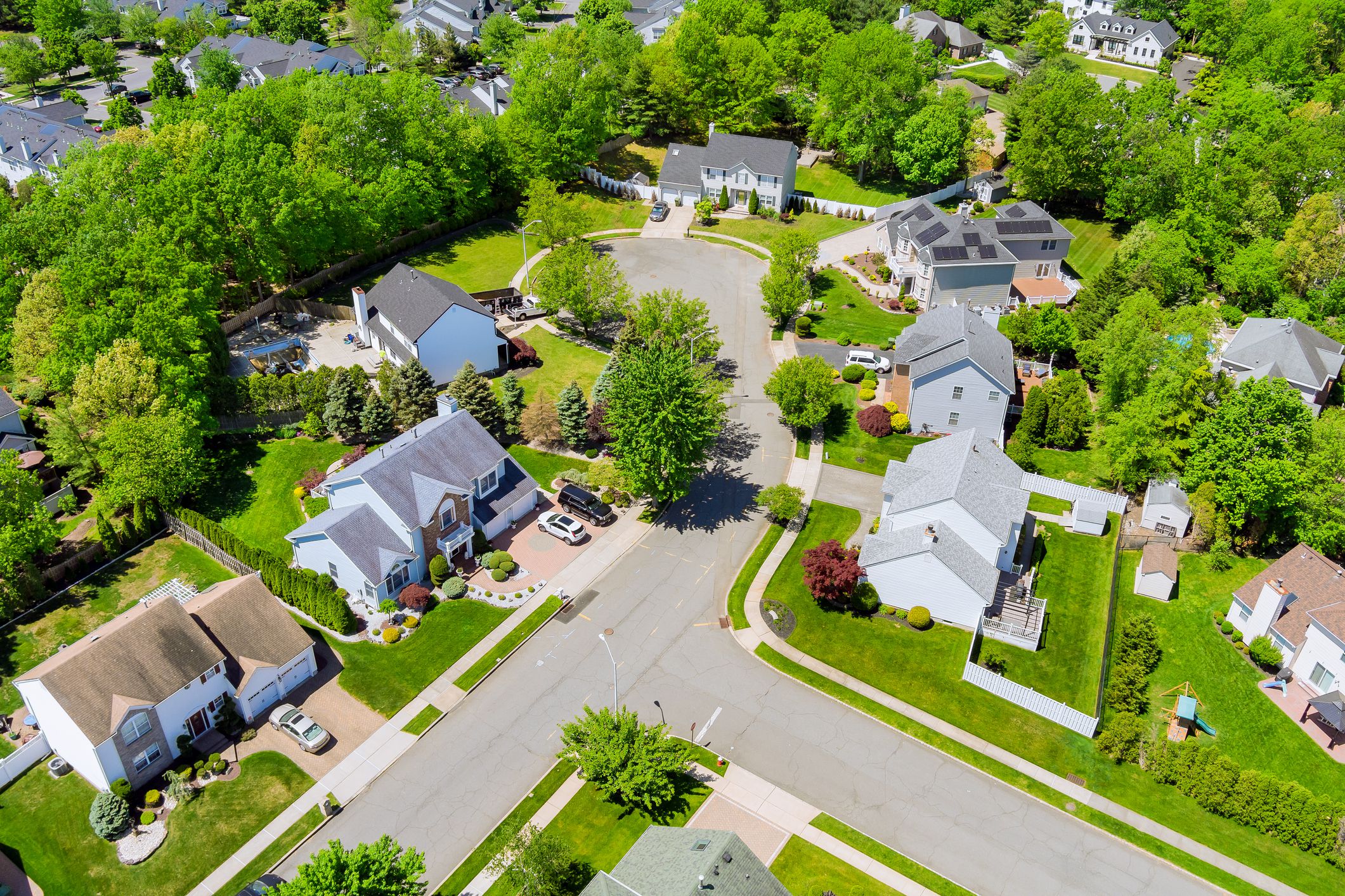 Panoramic of view at height residential quarters roofs Sayreville small town of houses of New Jersey USA
