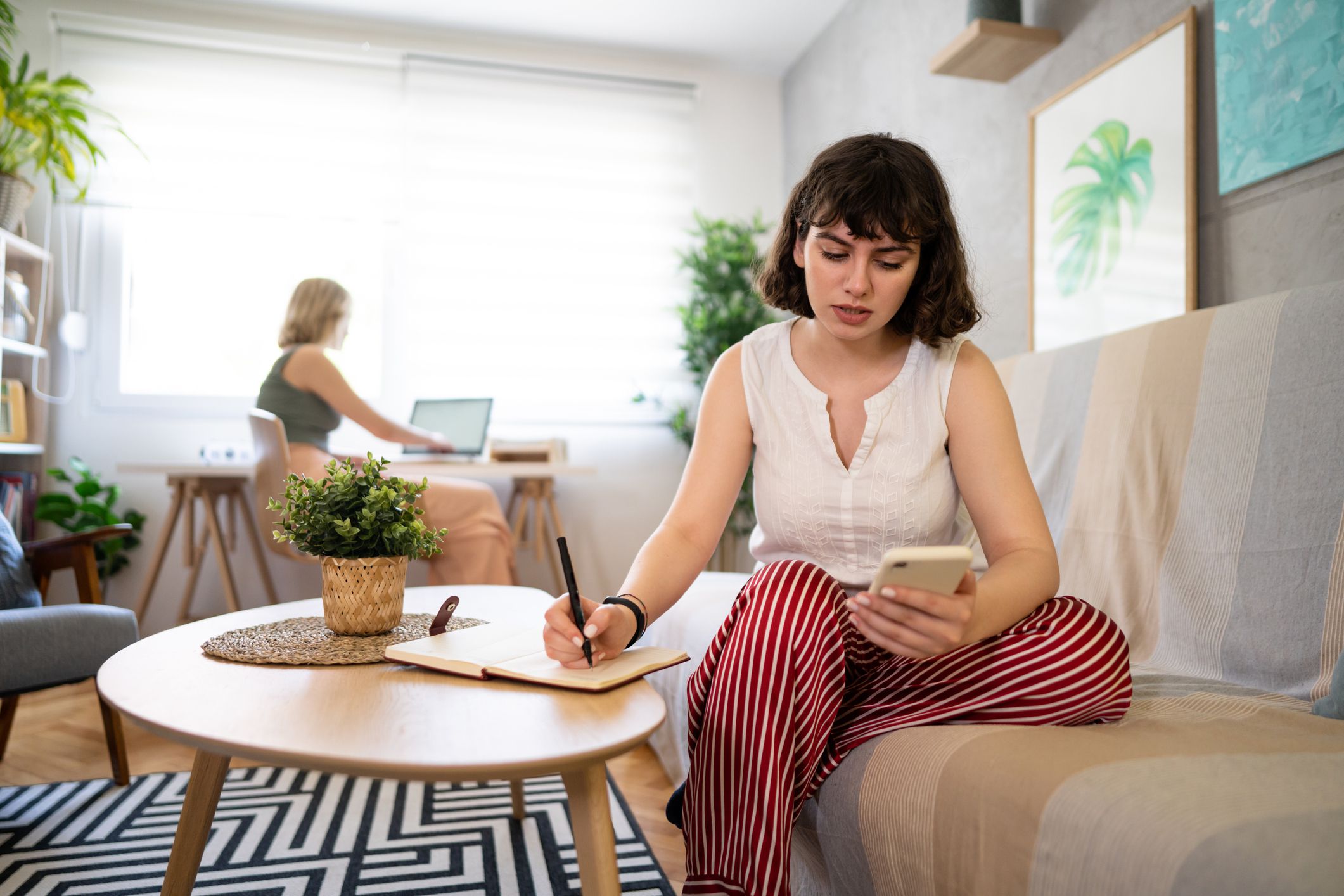 Young Caucasian woman using mobile phone while her female roommate working on laptop
