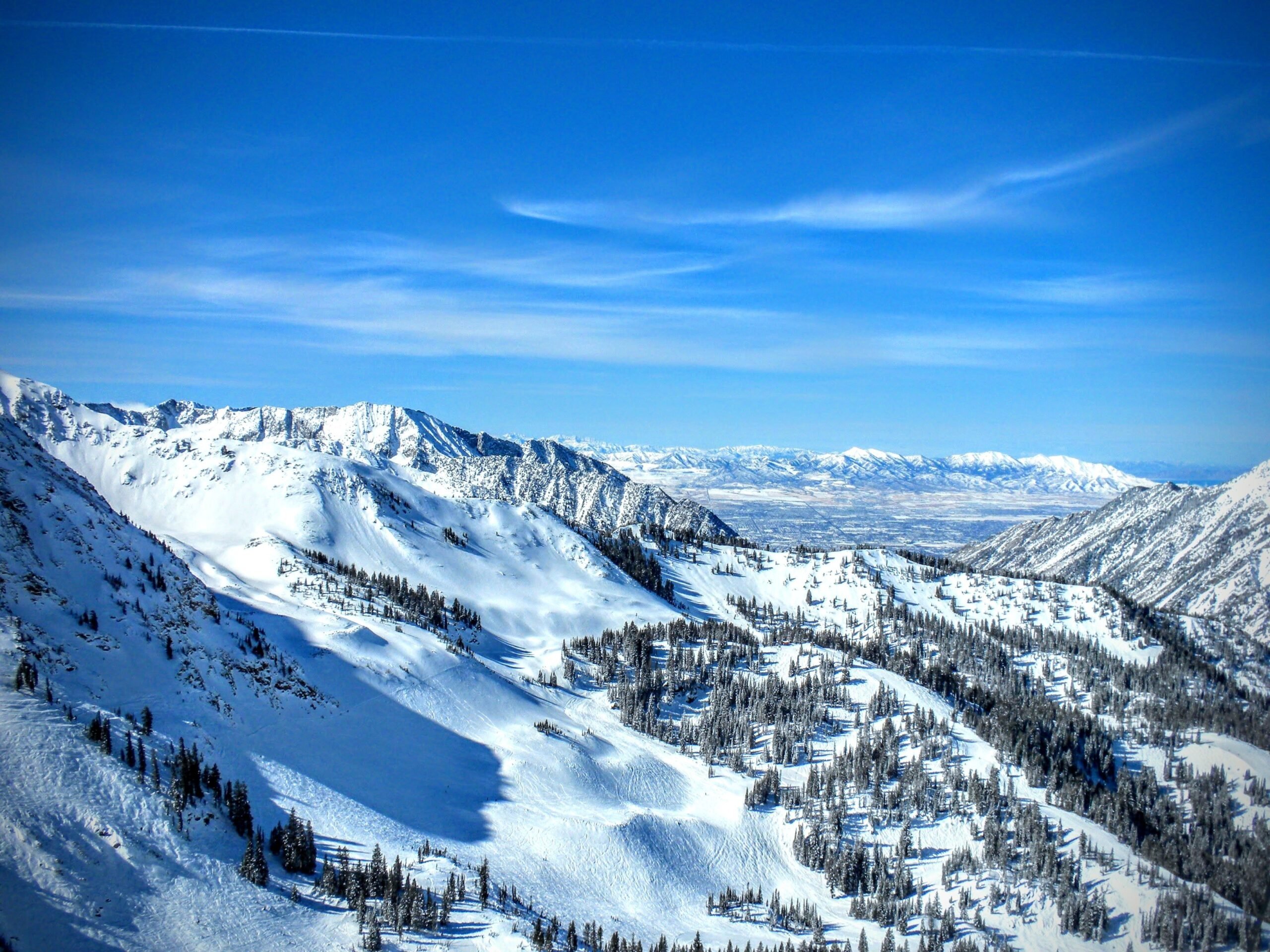 Winter Panoramic view of the back of the Wasatch Mountains Utah from the top of Brighton Ski Resort in the Rocky