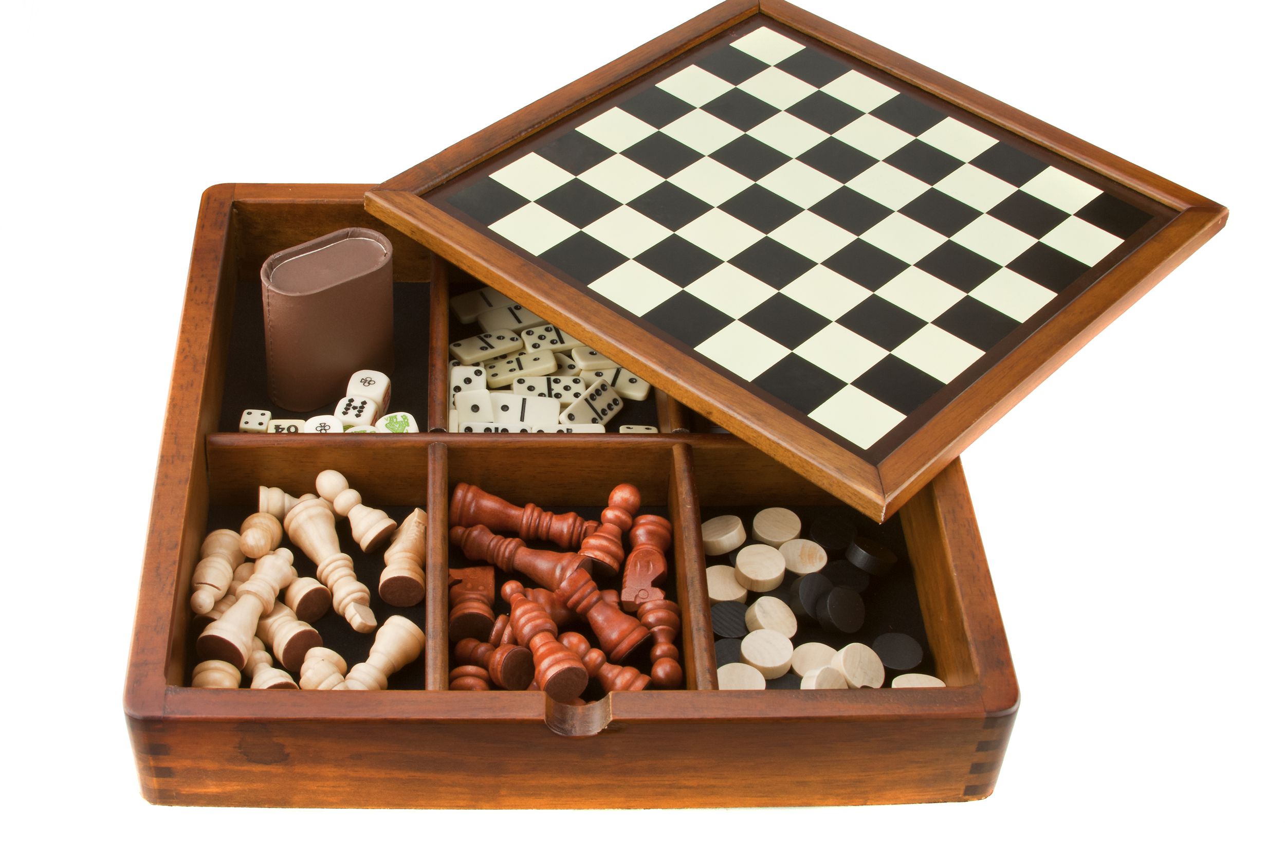 A wooden box travel board game, top is a checkered board, opened to reveal six compartments of different pieces and dice, on a white background