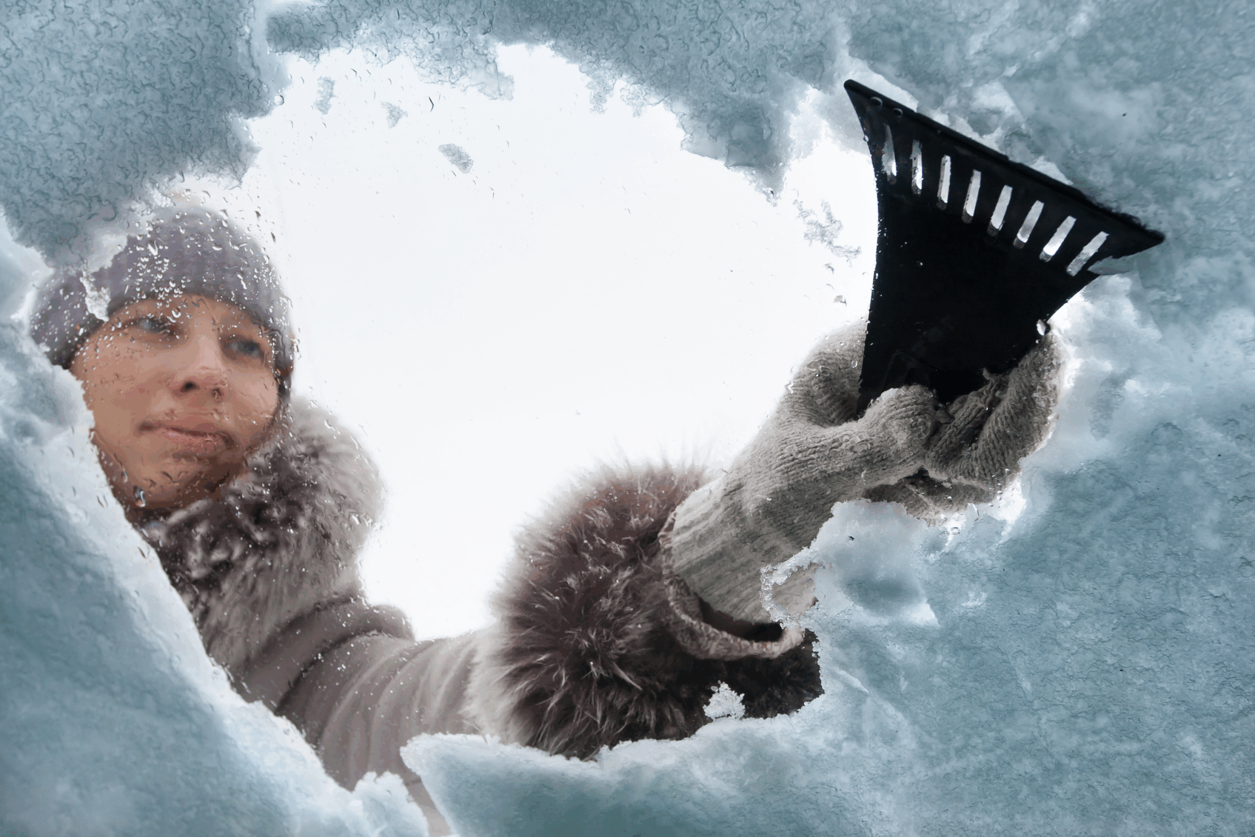 Ice scraper being used on snow on the windshield of a car, by a woman, as seen from inside the car, snow surrounds the edges of the image