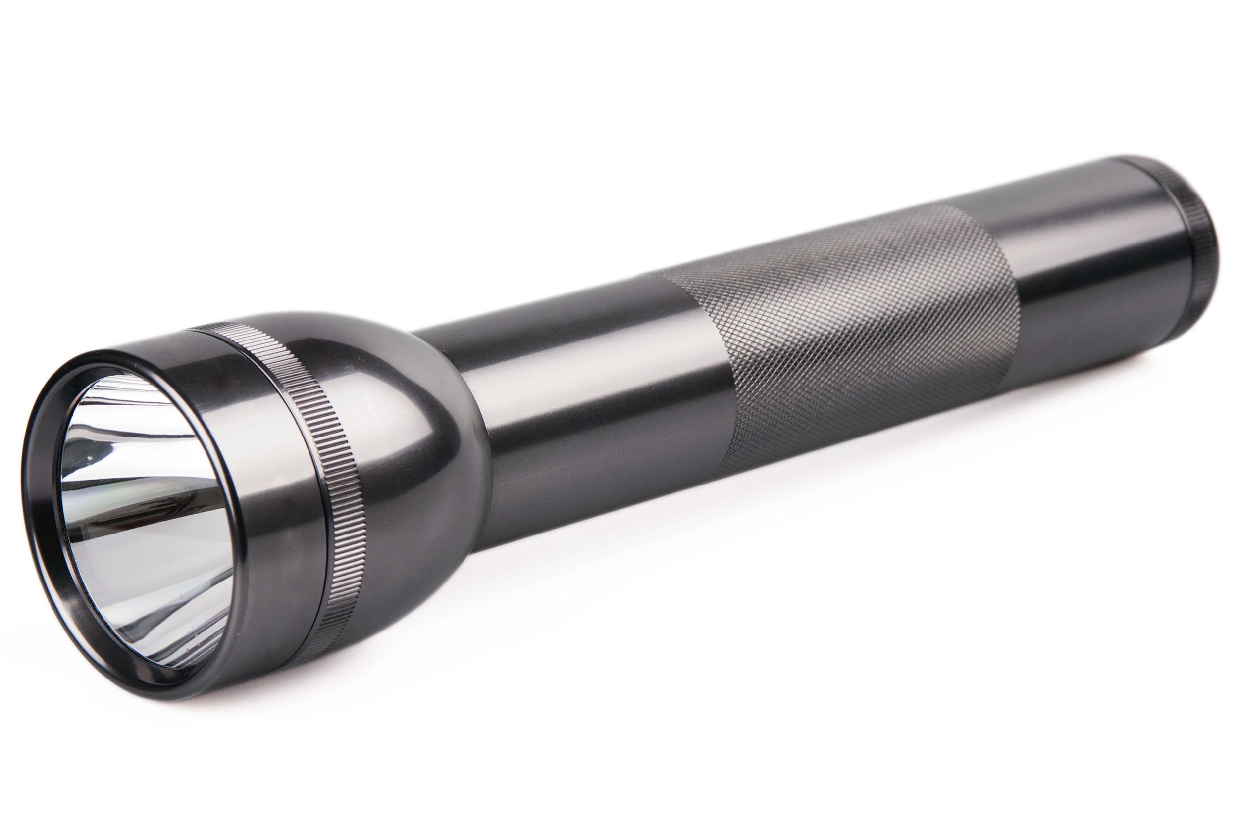Shiny black flashlight, slight diagonal, on a white background