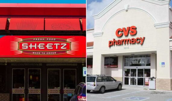 Side-by-side photo of a Sheetz convenience store with a red awning on the left, and a CVS Pharmacy storefront with an orange sign and parked cars on the right&mdash;both are examples of stores open on Christmas Day.