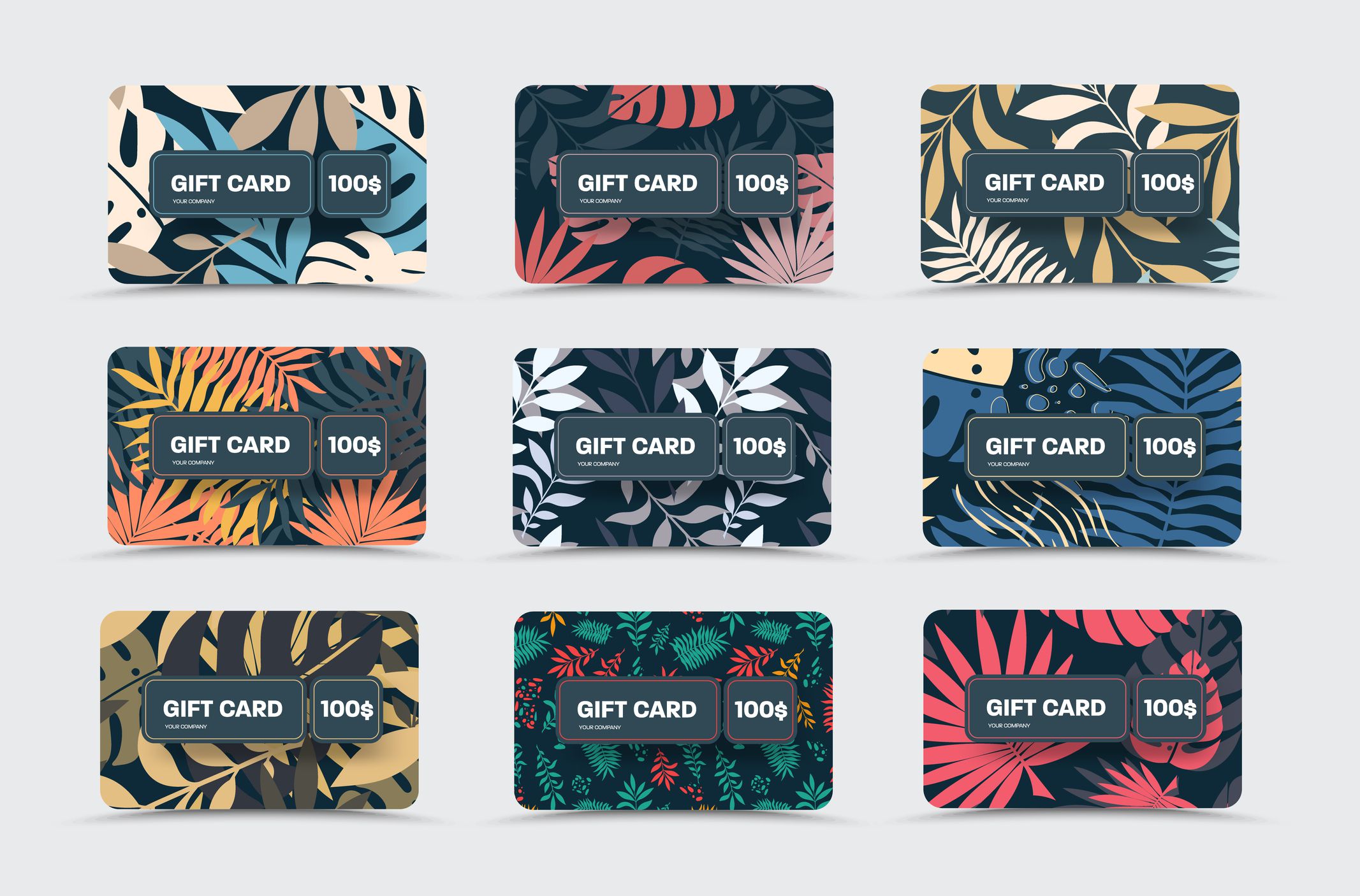 design vector gift cards over black background with tropical , jungle. Template for greeting covers, certificates with palms,monsters,abstract elements. Set of branded vouchers with exotic twigs