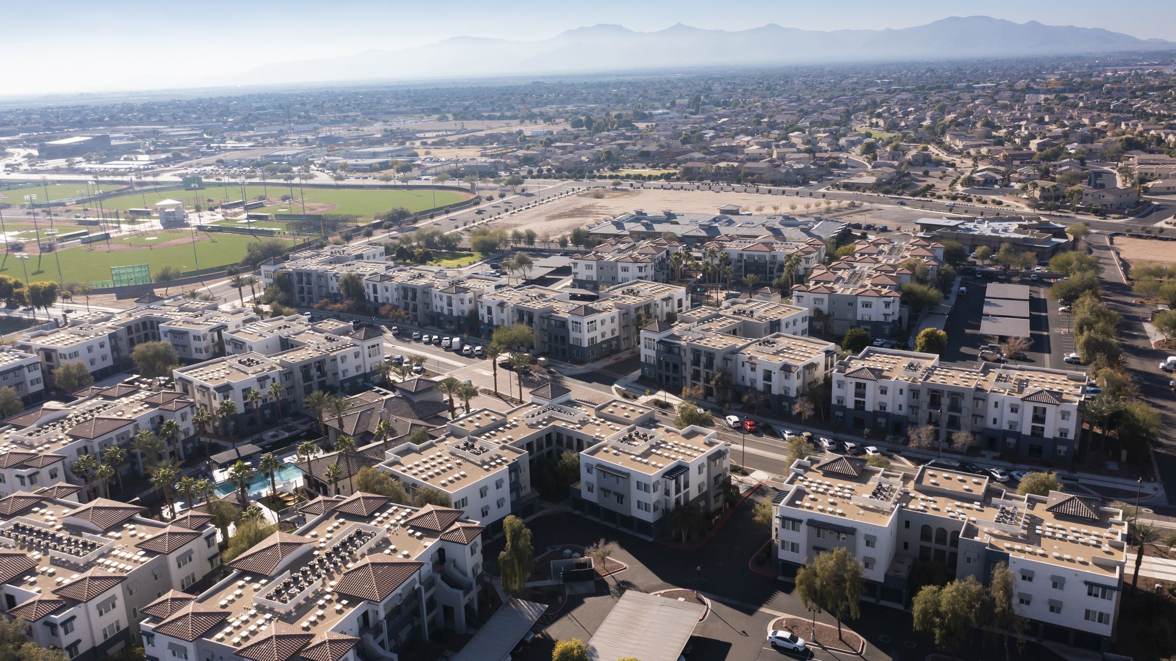 Afternoon aerial view of dense urban core of Surprise, Arizona, USA.