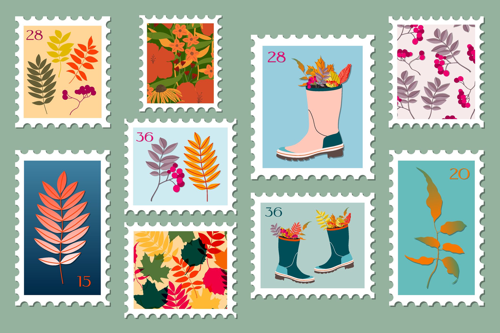 Set of post stamps illustrations. Variety of modern vector isolated stamps. Autumn vintage concept post theme. Fall leaves and boots drawings for mail and post design.