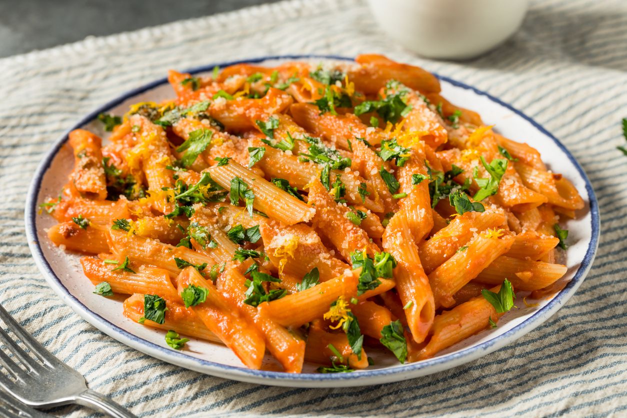 A bowl of pasta.