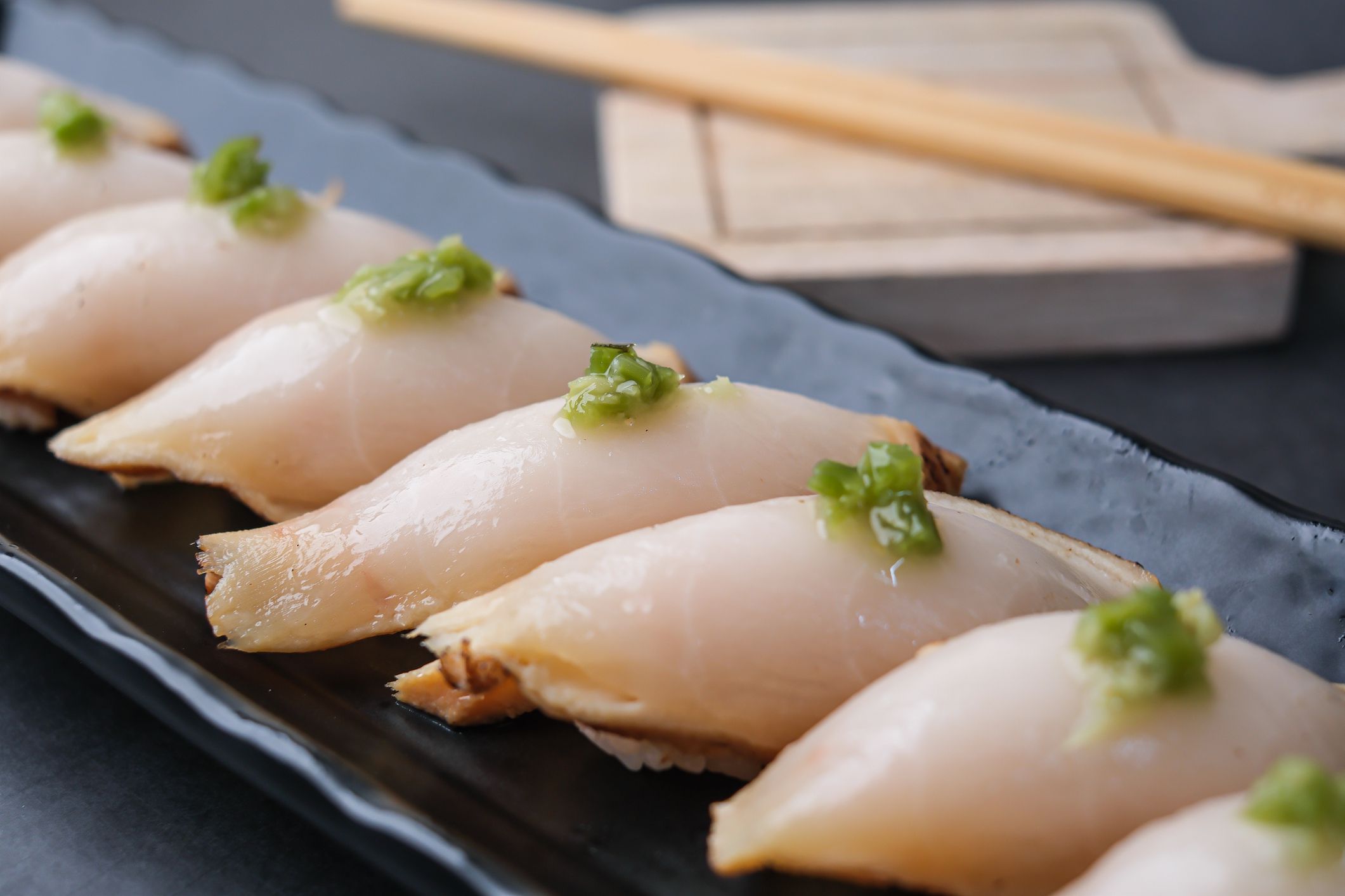 Close up Japanese nigiri made with escolar , butterfish or oilfish. healthy food with nutrition.