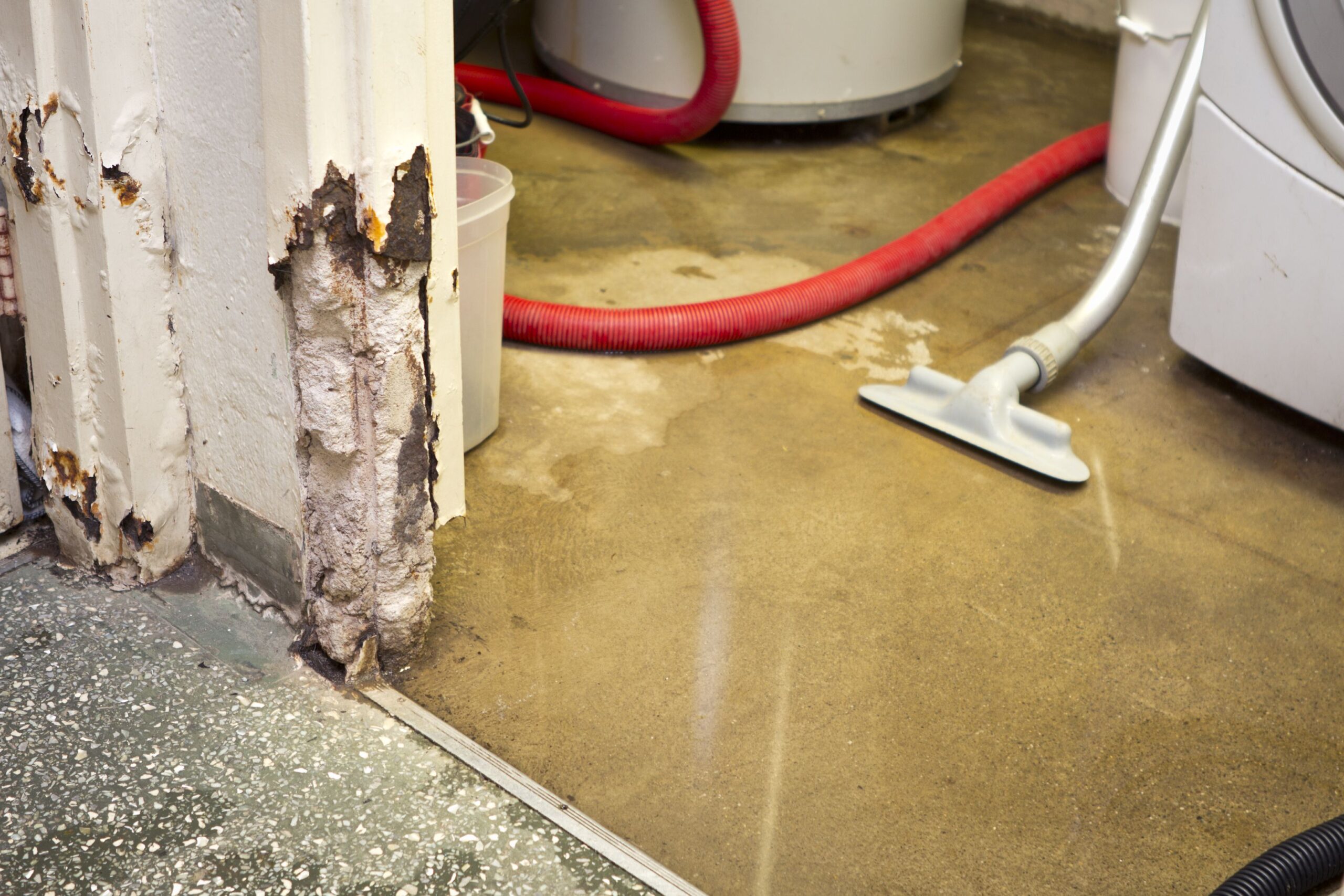 Significant flooding has damaged a basement. Narrow depth of field.
